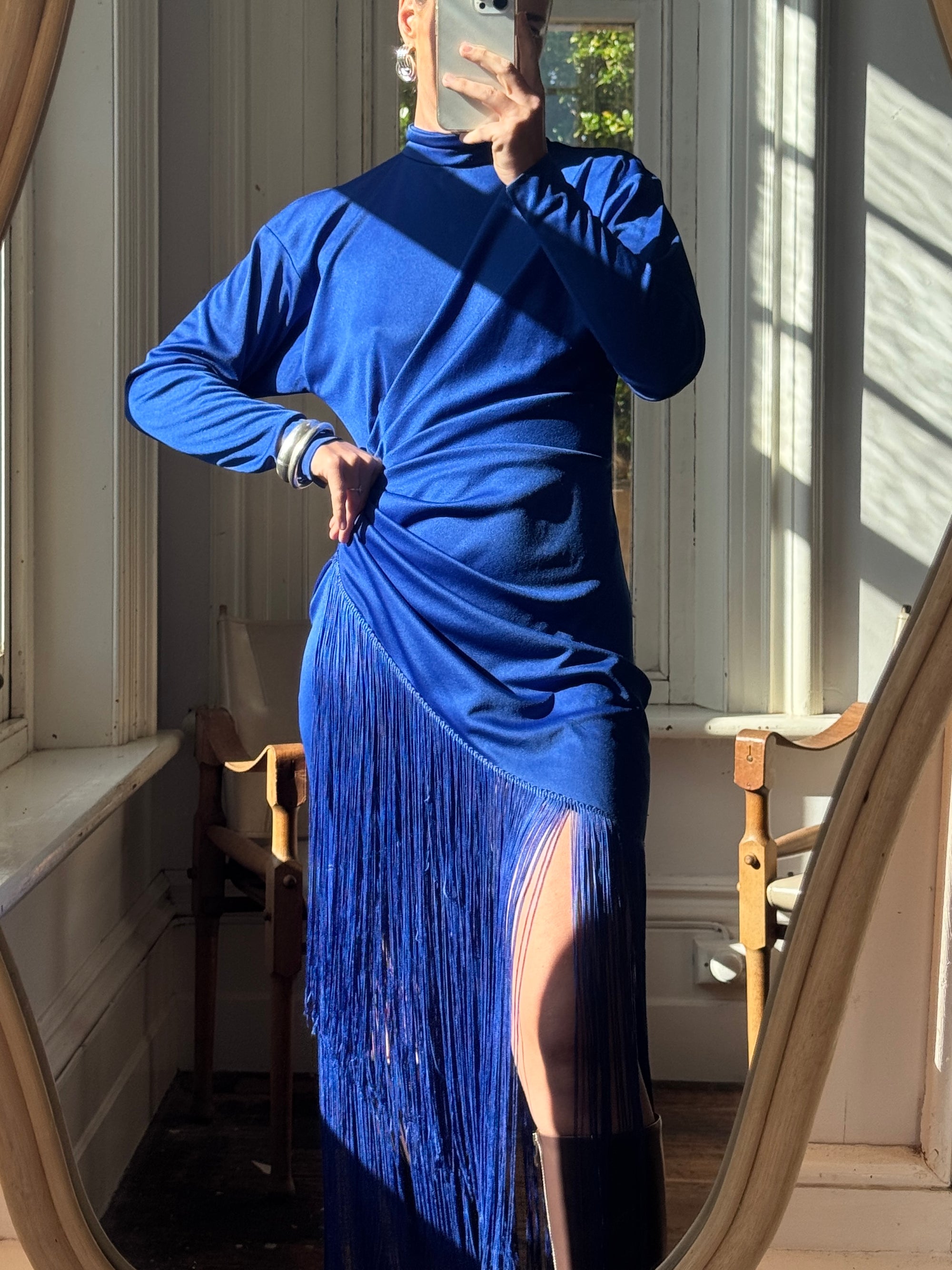 Vintage 80s Royal Blue Long Sleeve Fringe Dress
