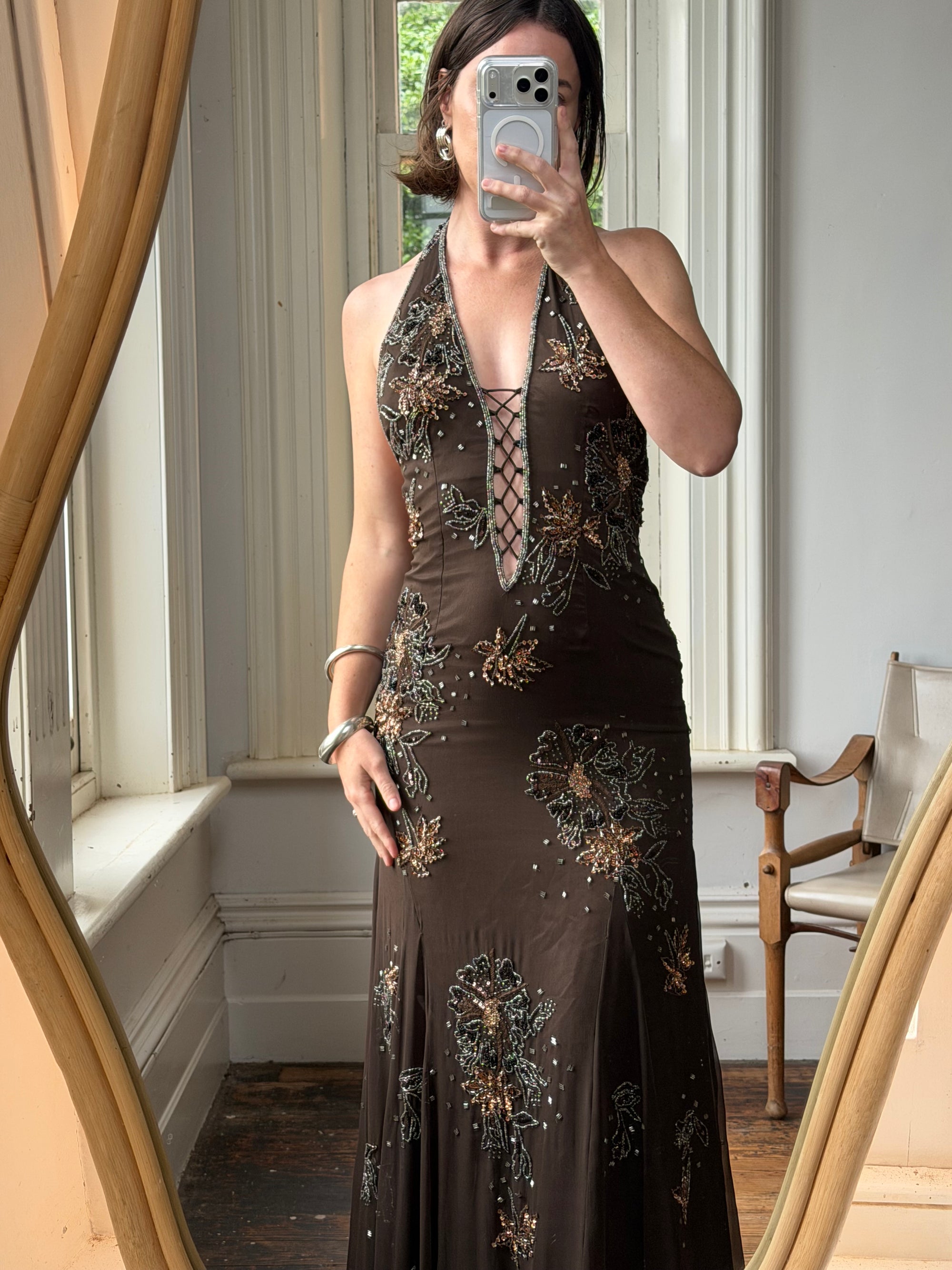 Vintage 90s Pure Silk Beaded Lace Up Dress Chocolate
