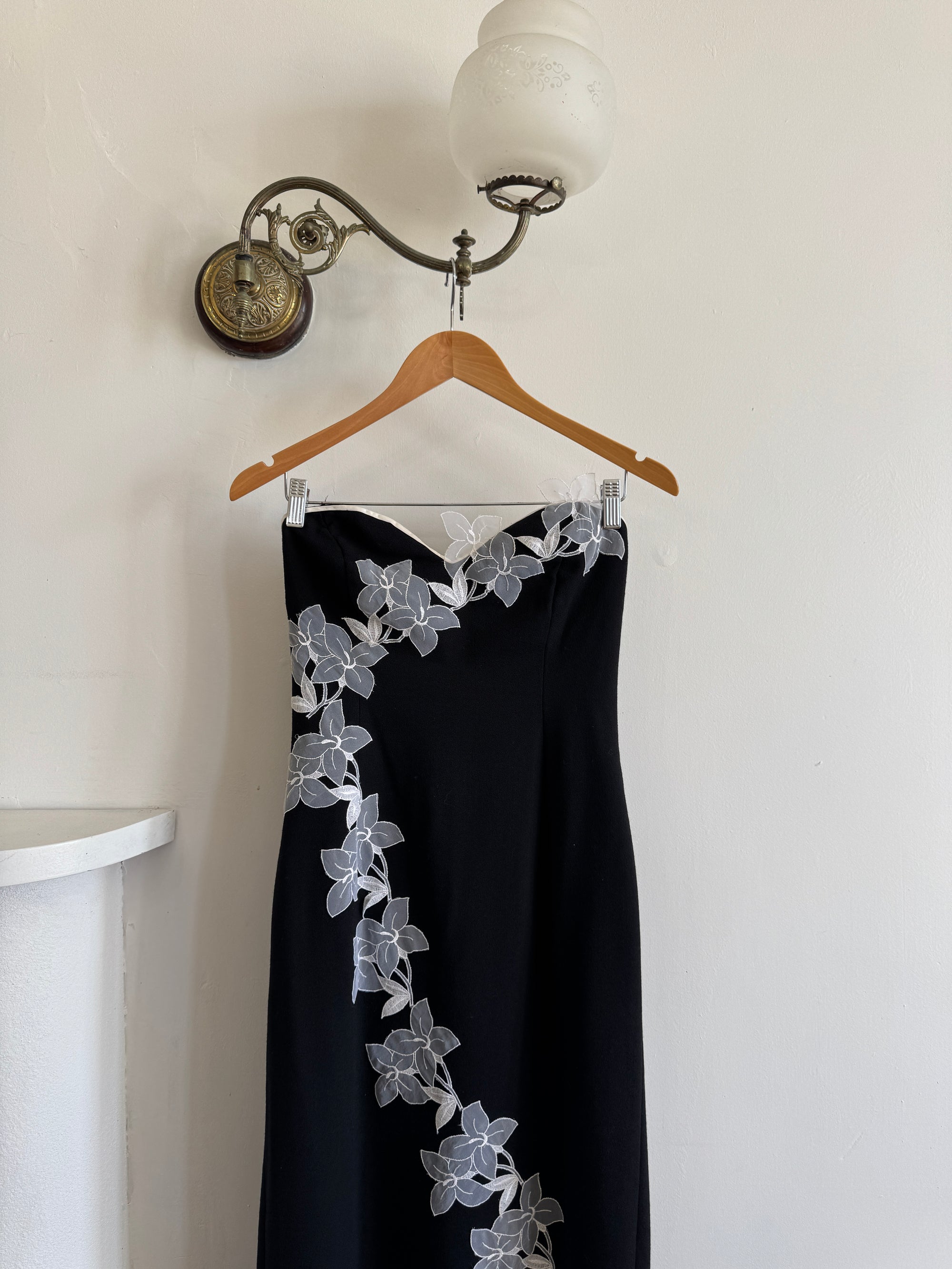 Vintage 90s Black Mermaid Dress with White Organza Flower Applique