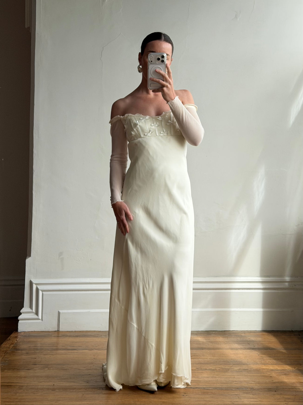 Vintage 90s Pure Silk Chiffon Empire Bow Off Shoulder Wedding Dress