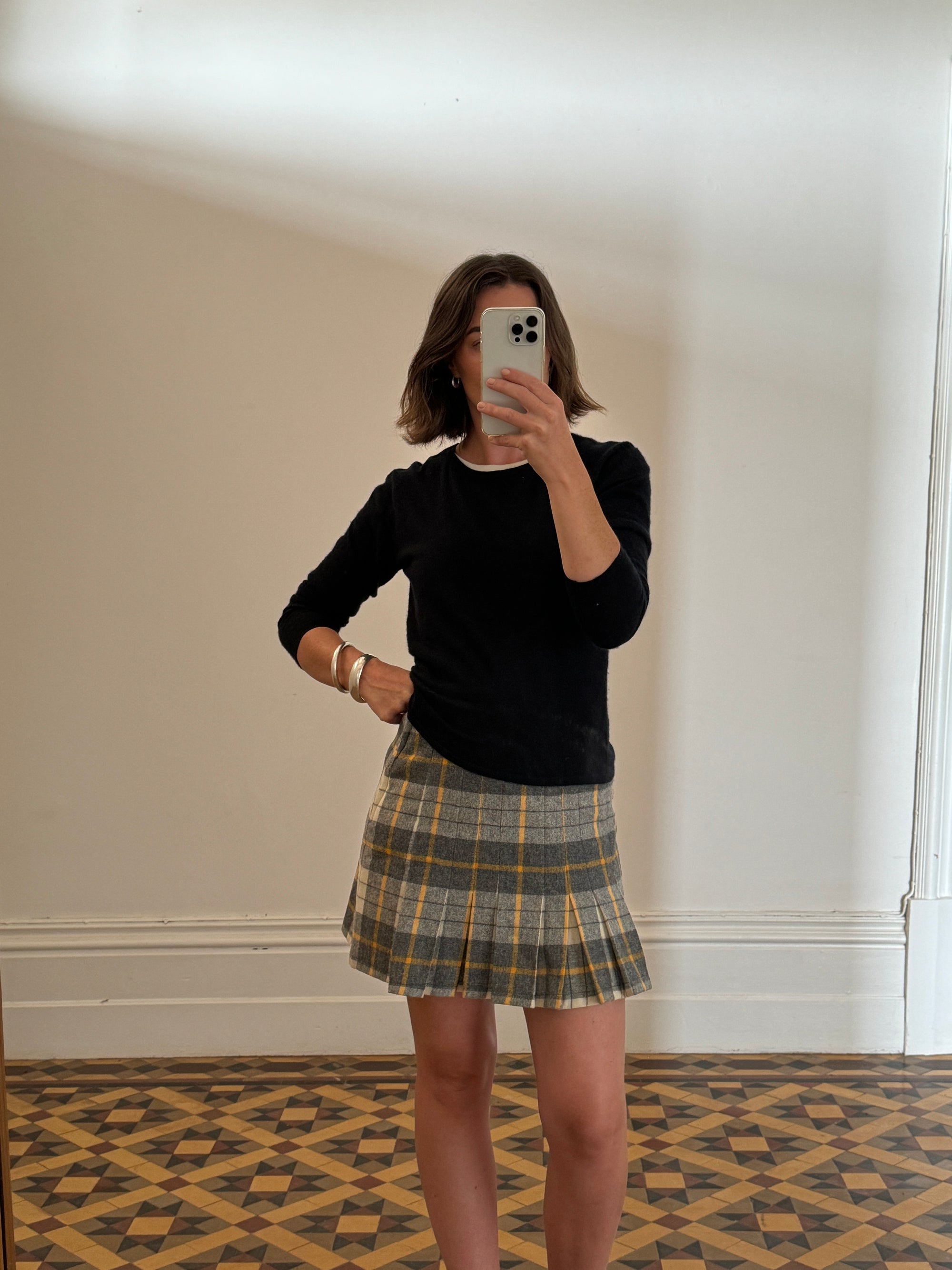 Vintage Tartan Wool Pleated Mini Skirt Light Grey