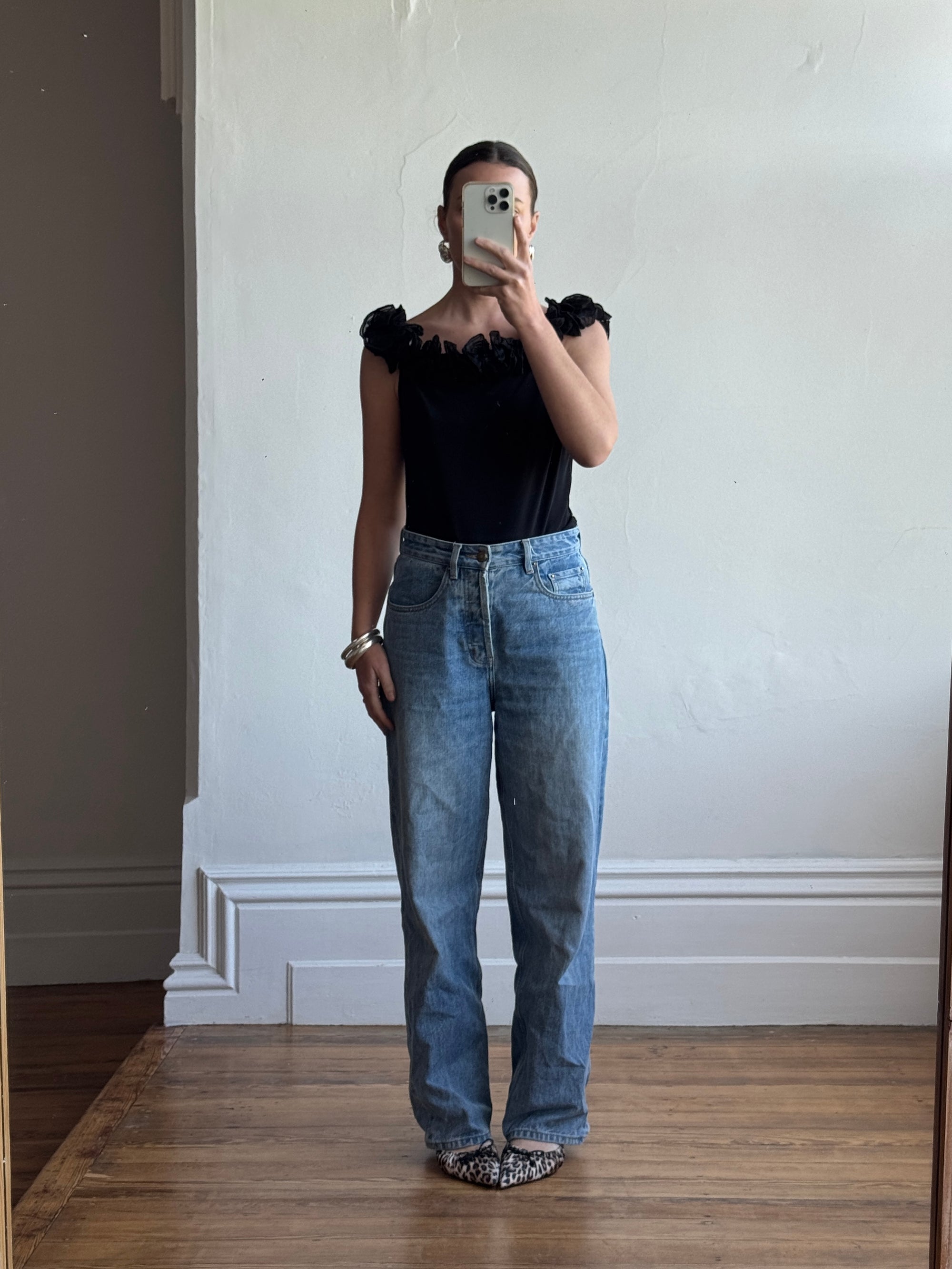 Vintage 90s Jersey Ruffle Off the Shoulder Top Noir