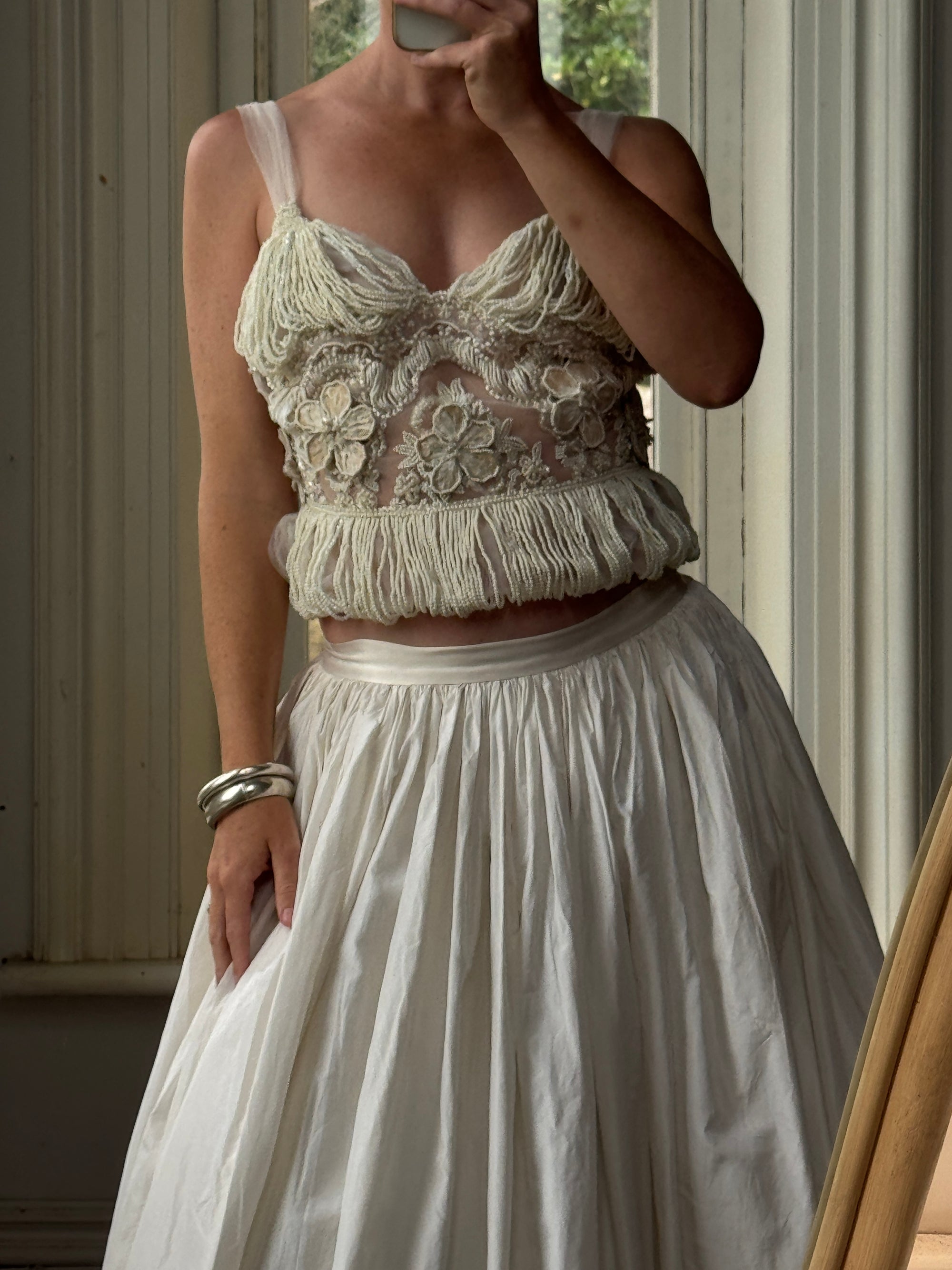 Vintage 90s Two Piece Tulle Beaded Top and Princess Silk Satin Skirt