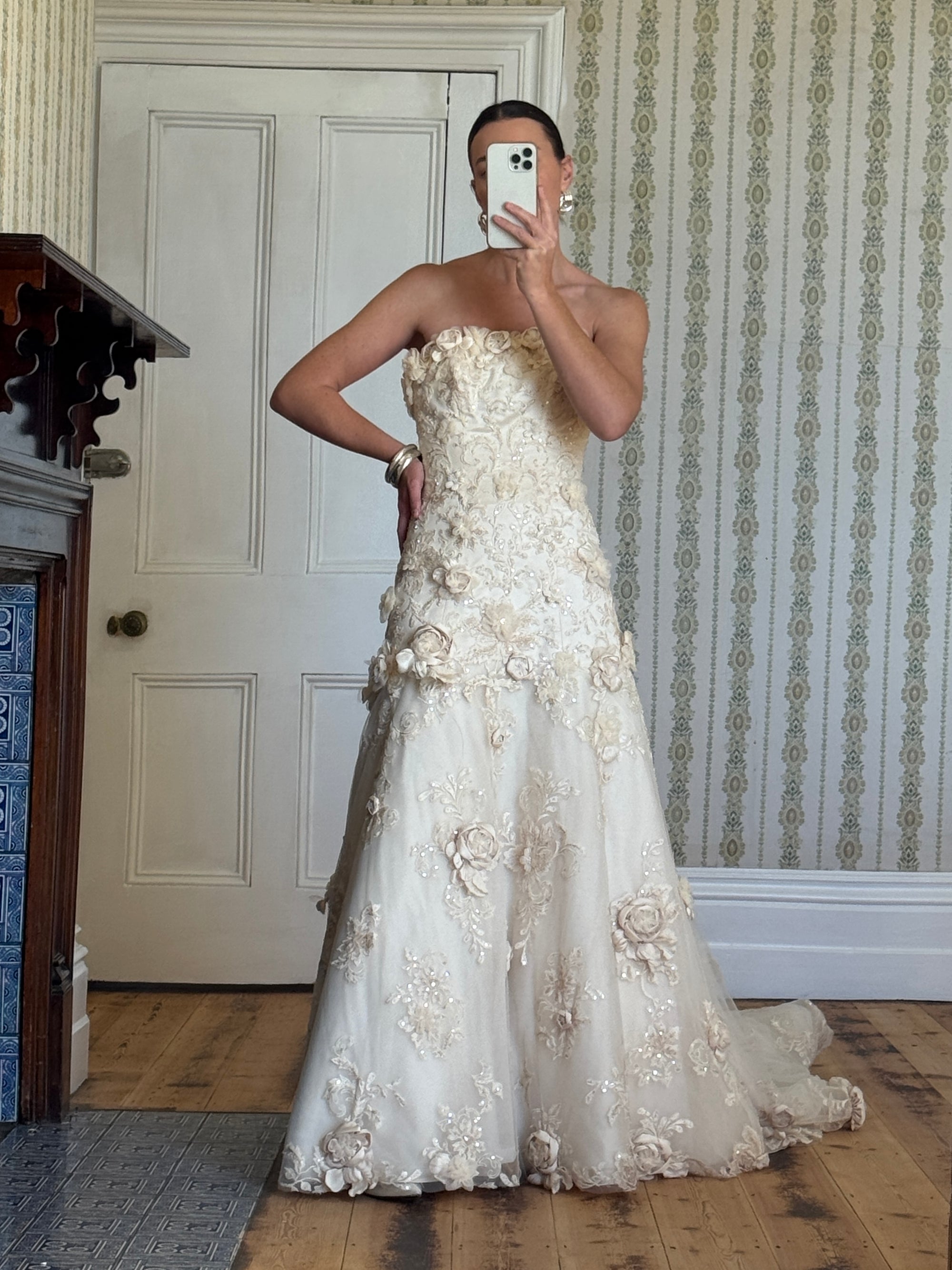 Vintage 90s Haute Couture 3D Floral Strapless Wedding Gown