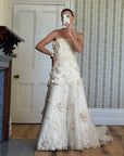 Vintage 90s Haute Couture 3D Floral Strapless Wedding Gown