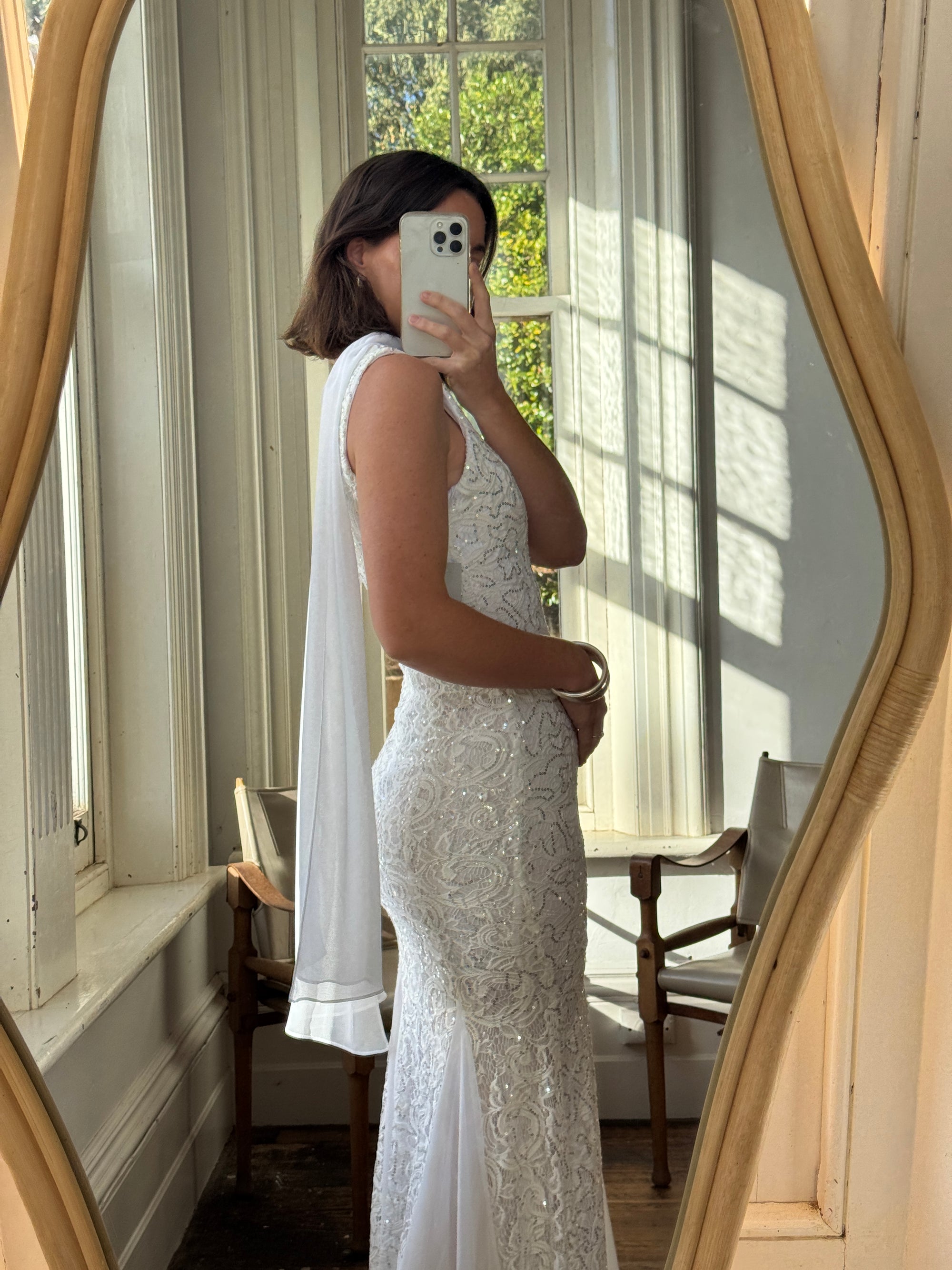 Vintage 90s Silver Sequin Fairy Wedding Dress With Scarf