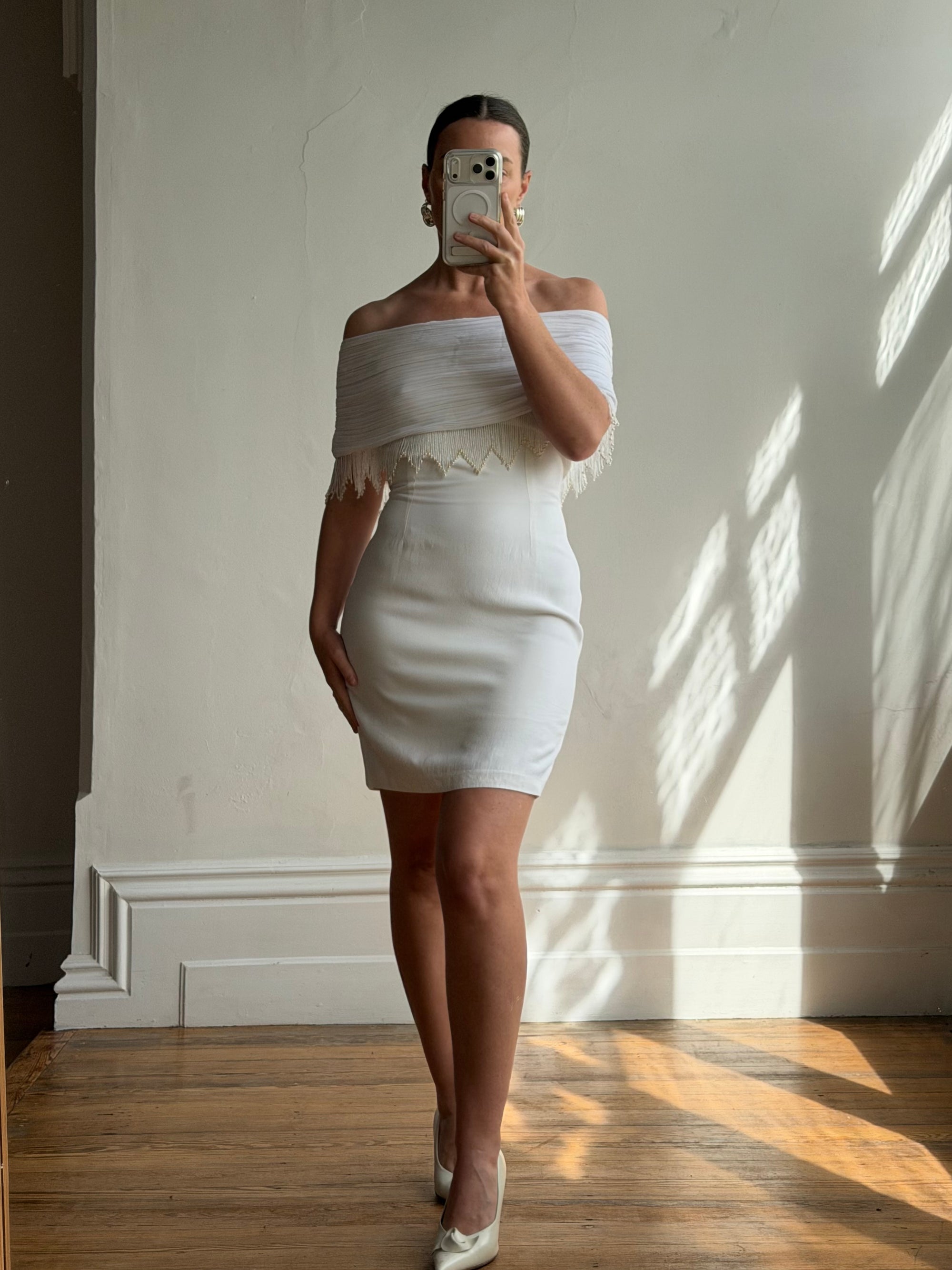 Vintage 90s White Pleated Beaded Fringe Mini Dress
