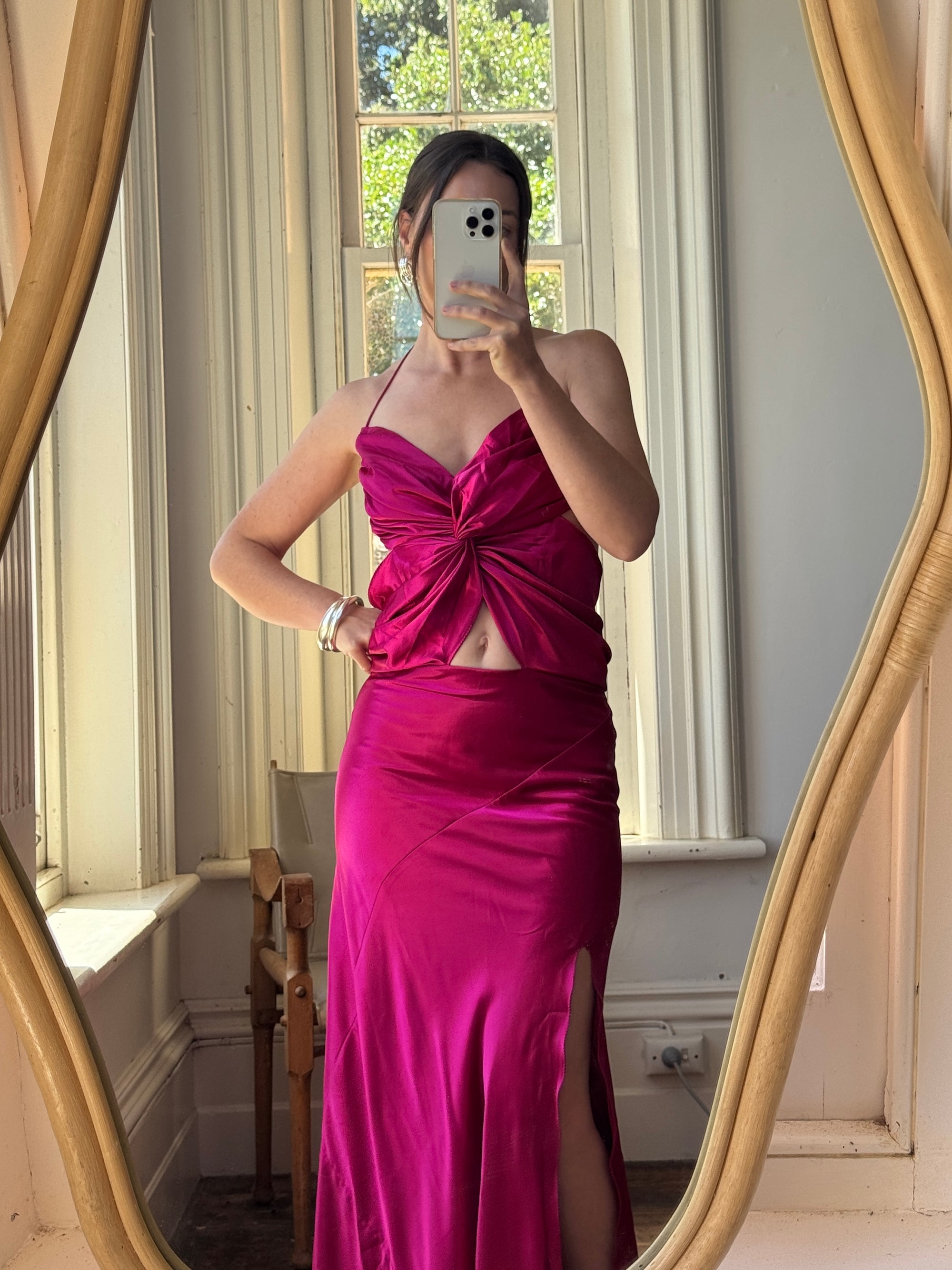 Vintage 90s Butterfly Fuchsia Silk Maxi Dress