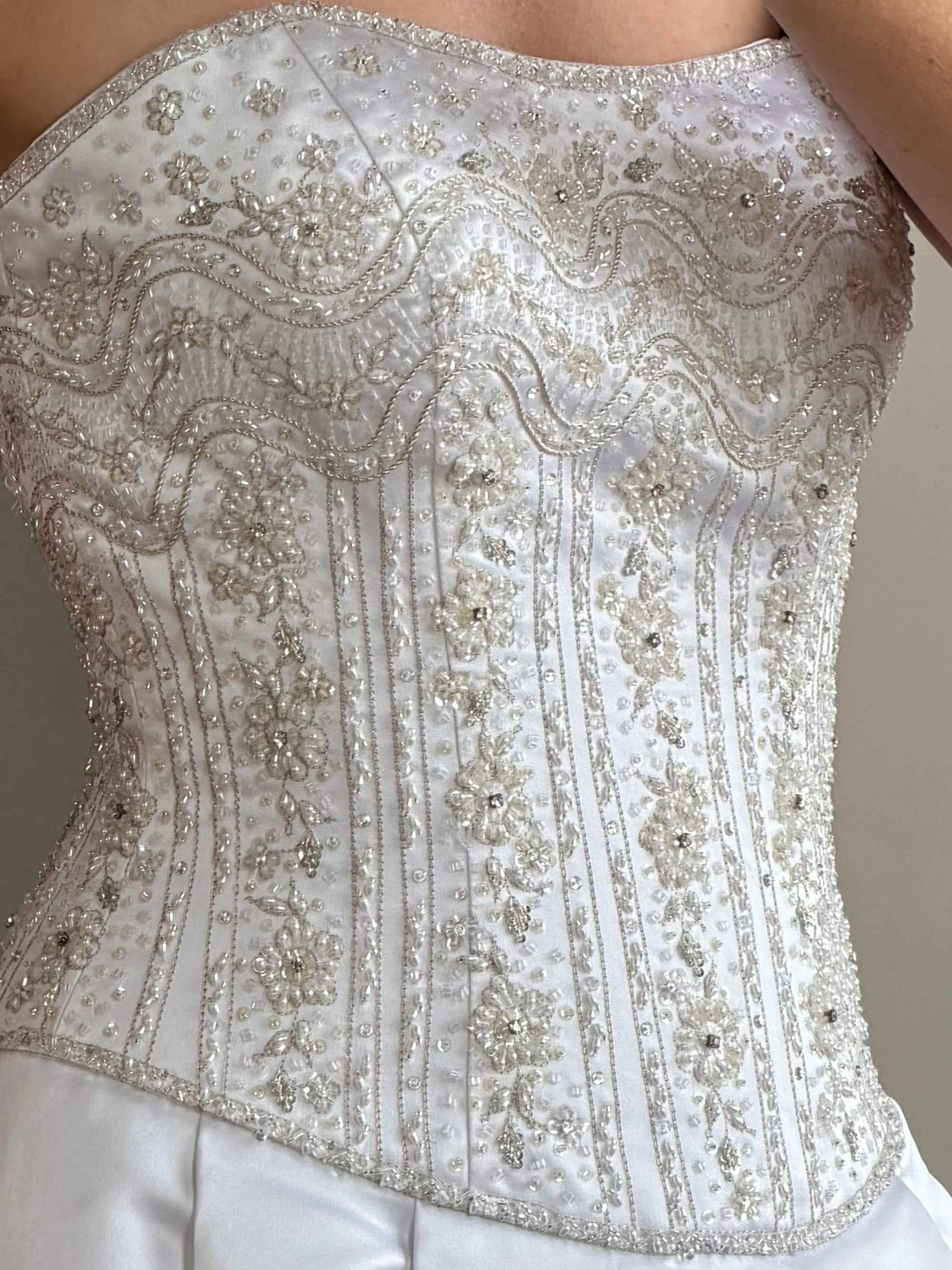 Vintage Y2K Crystal Satin Pleated Wedding Gown