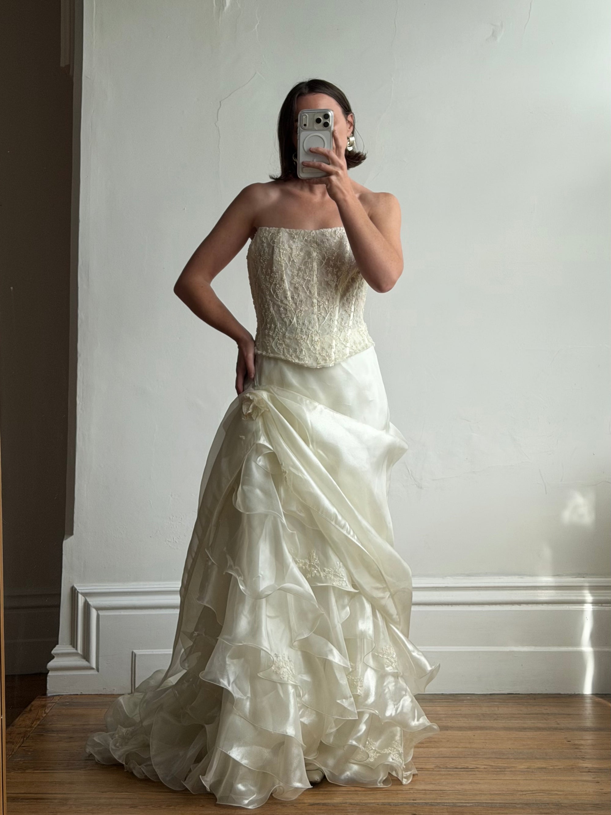 Vintage 90s Italian Sequin Bustier and Ruffle Skirt Bridal Set