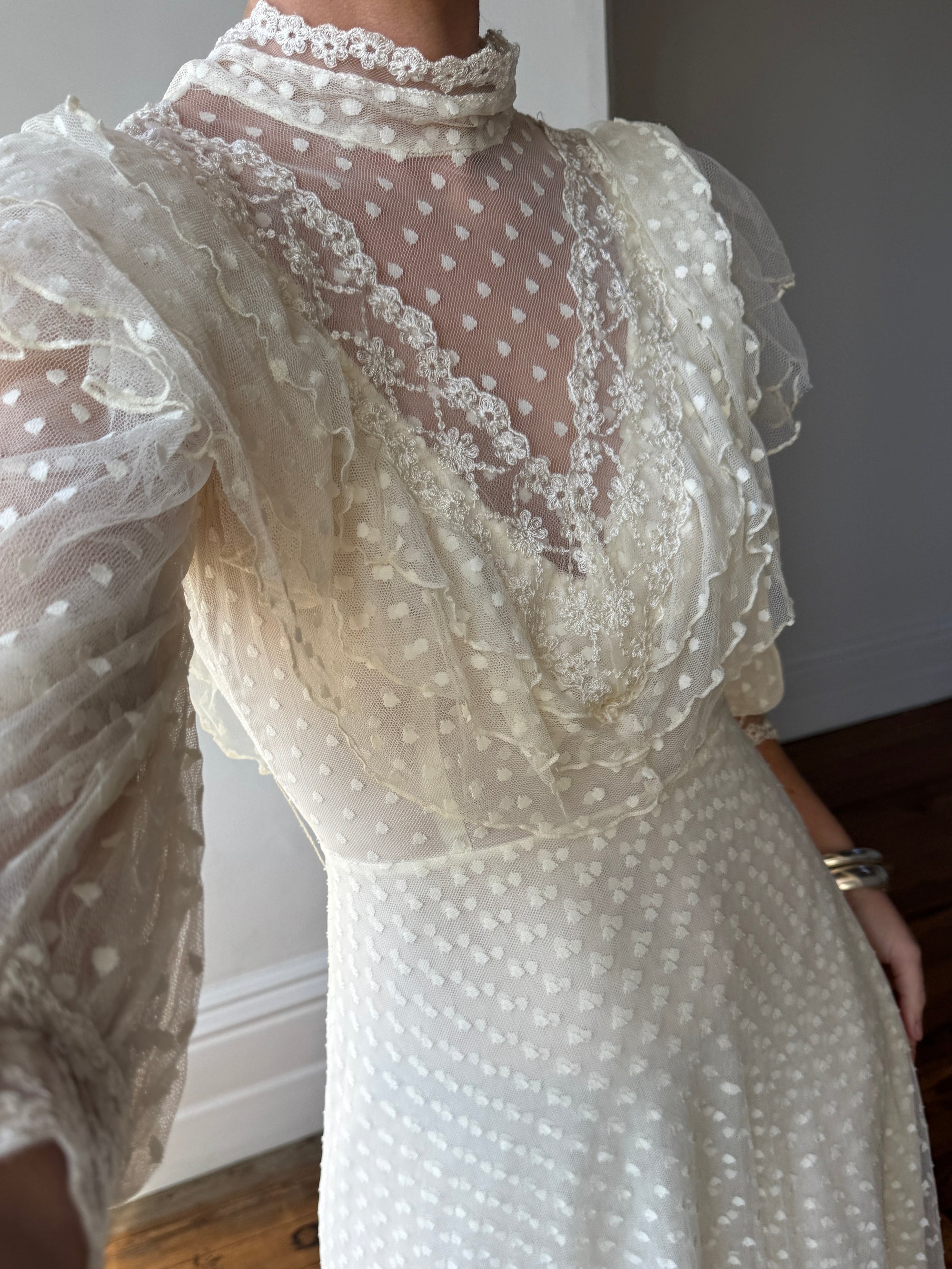 Vintage 70s Polka Sheer Tiered Wedding Dress Creme