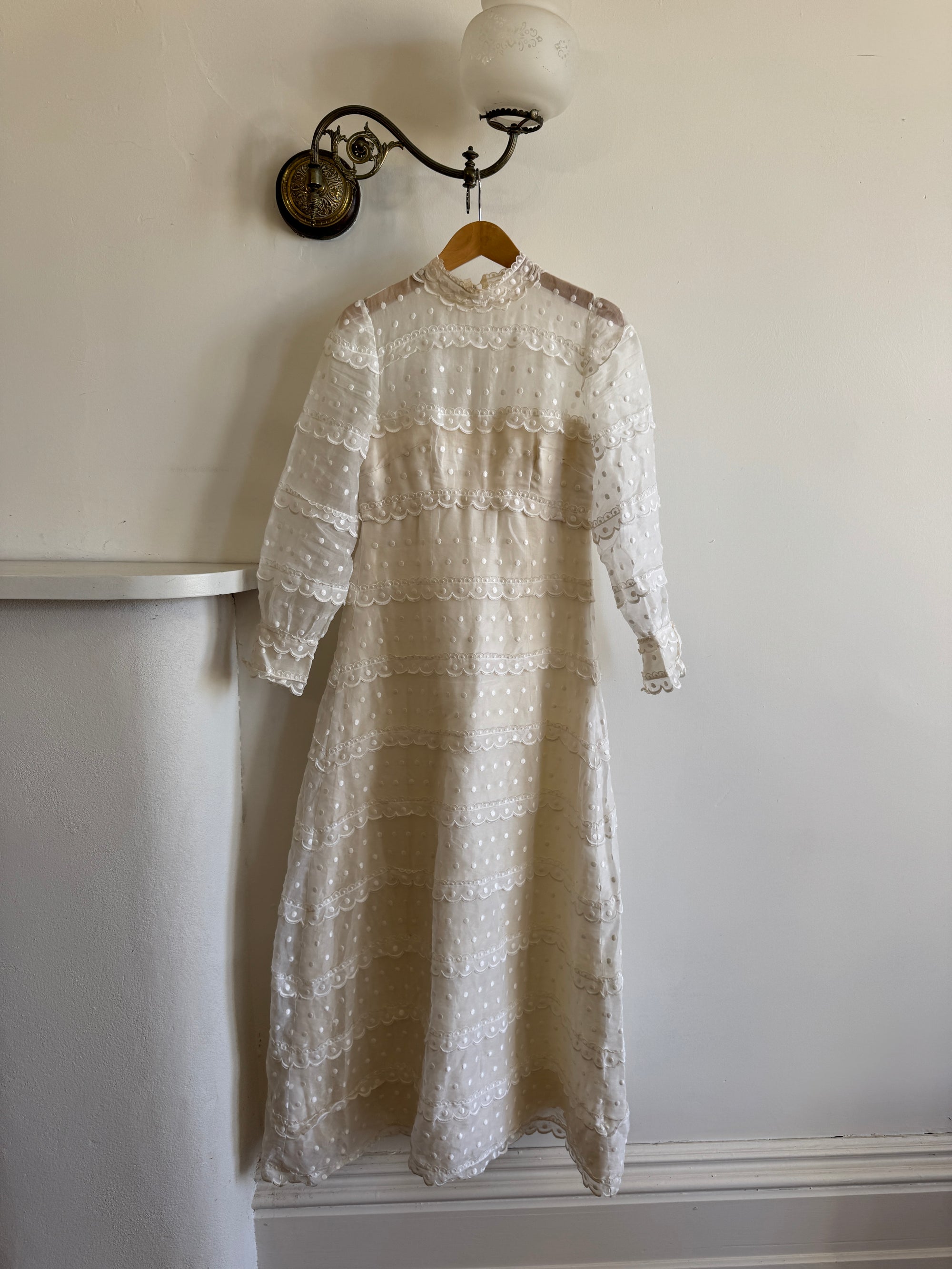 Vintage 60s Polka Dot Long Sleeved Wedding Dress Ivory