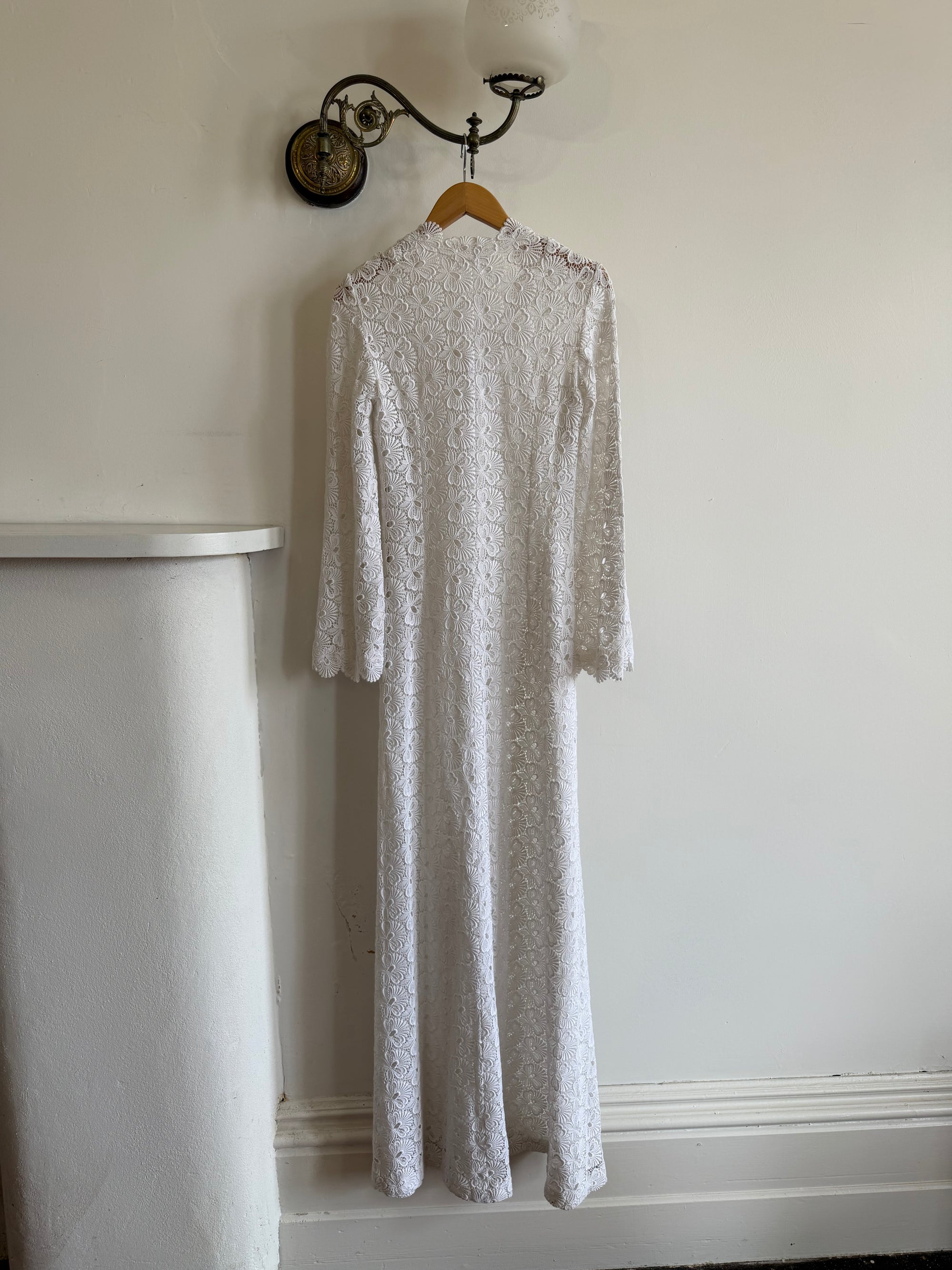 Vintage 60s Crochet Lace Long Sleeved Wedding Gown
