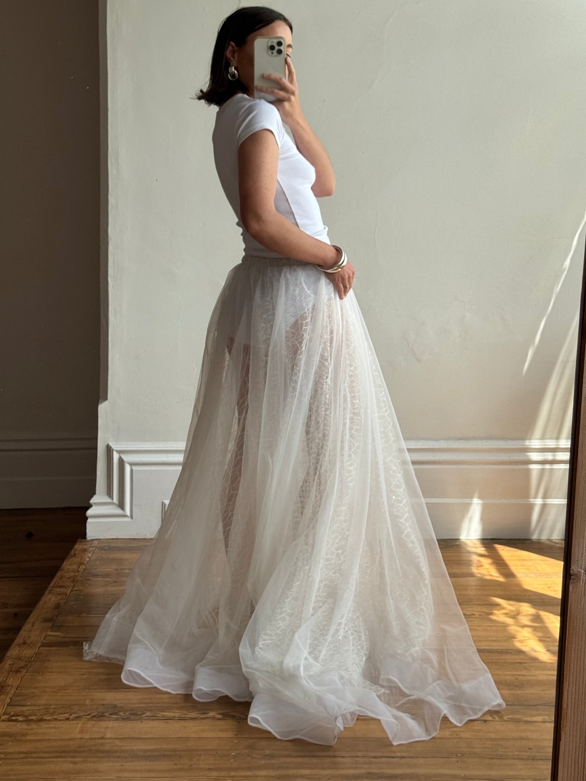 Vintage 80s Sheer Organza Webbed Lace Bridal Skirt