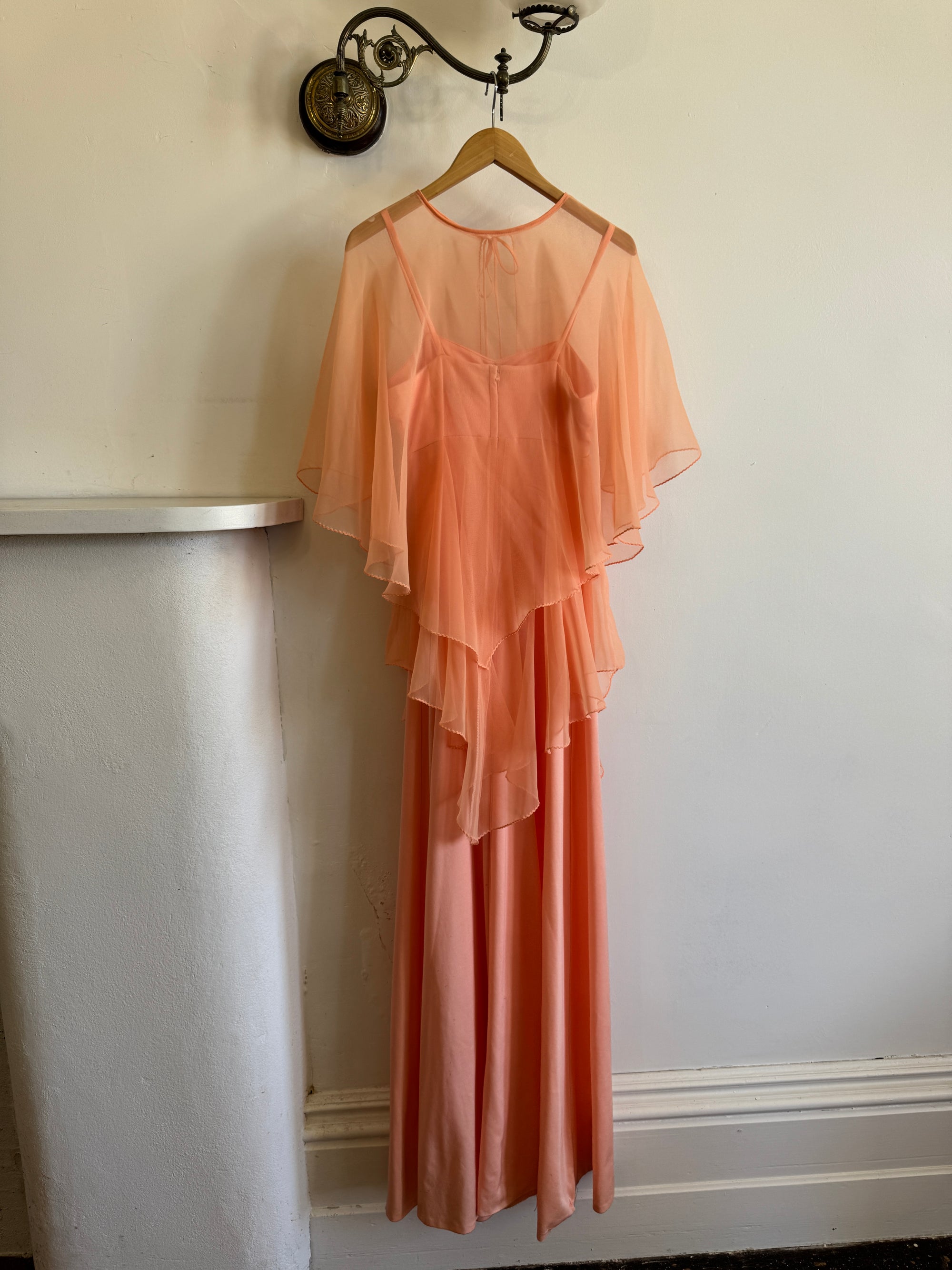 Vintage 70s Apricot Maxi Dress with Sheer Cape