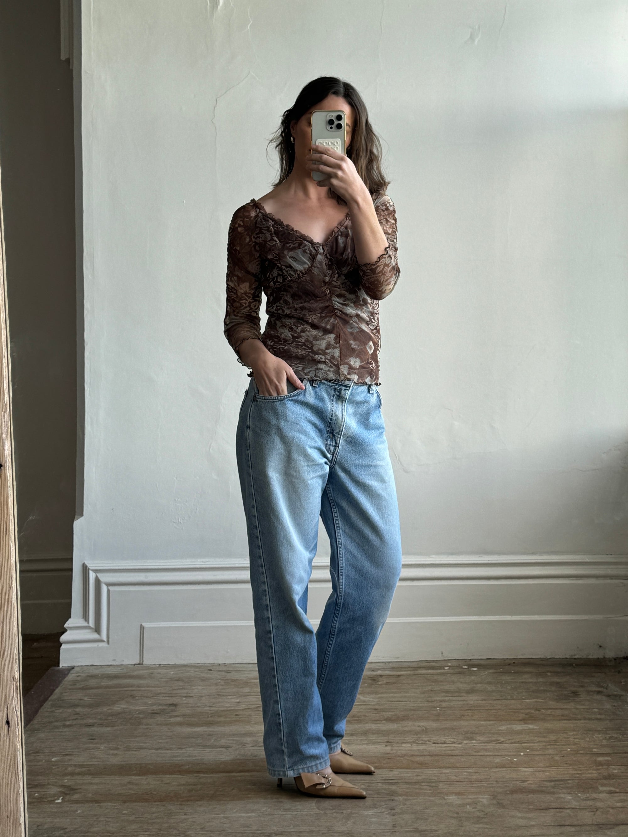 Vintage Y2K Ruched Brown Lettuce Hem Top