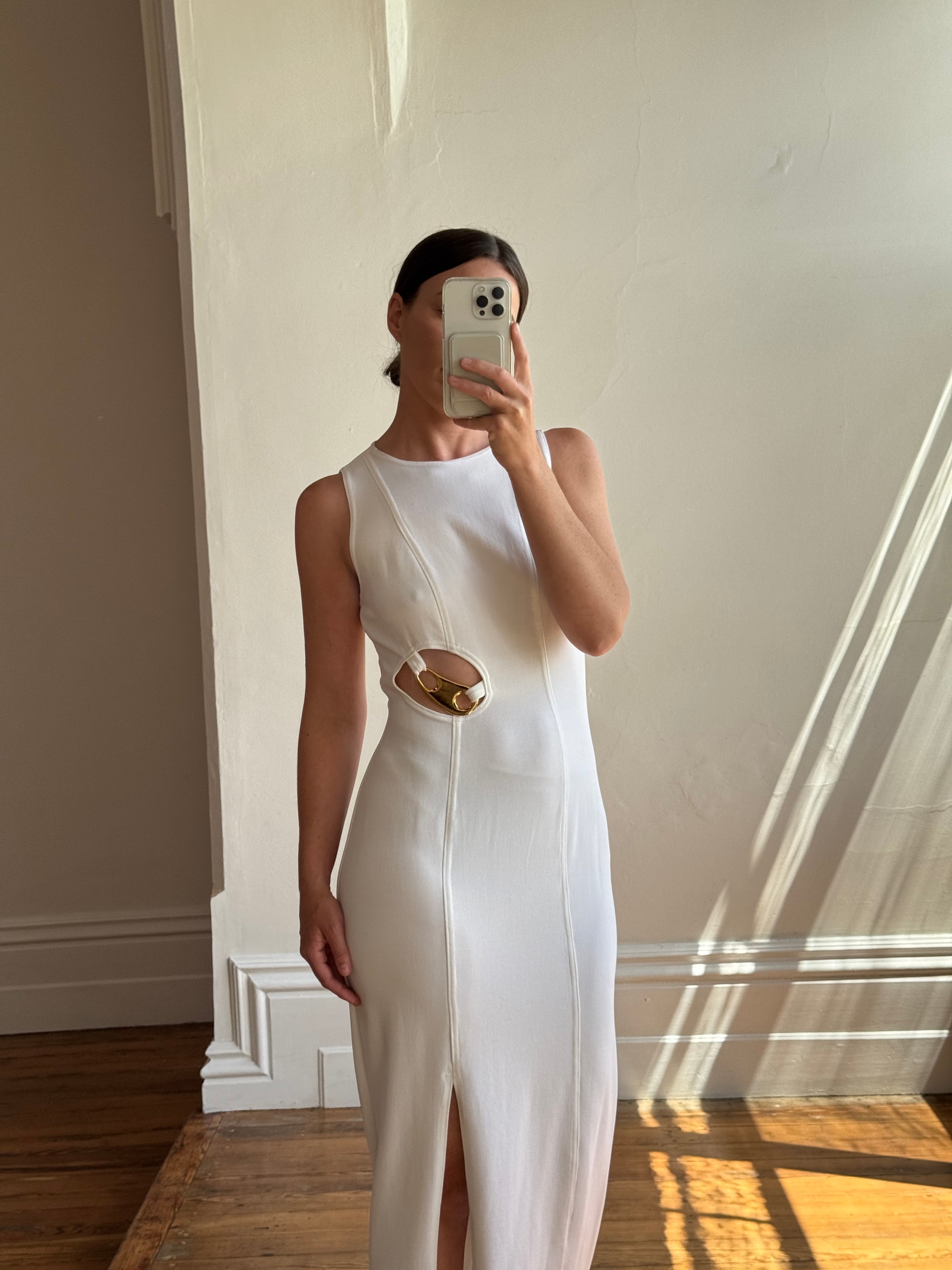 Vintage 90s Body Con Ivory Dress with Gold Hardware