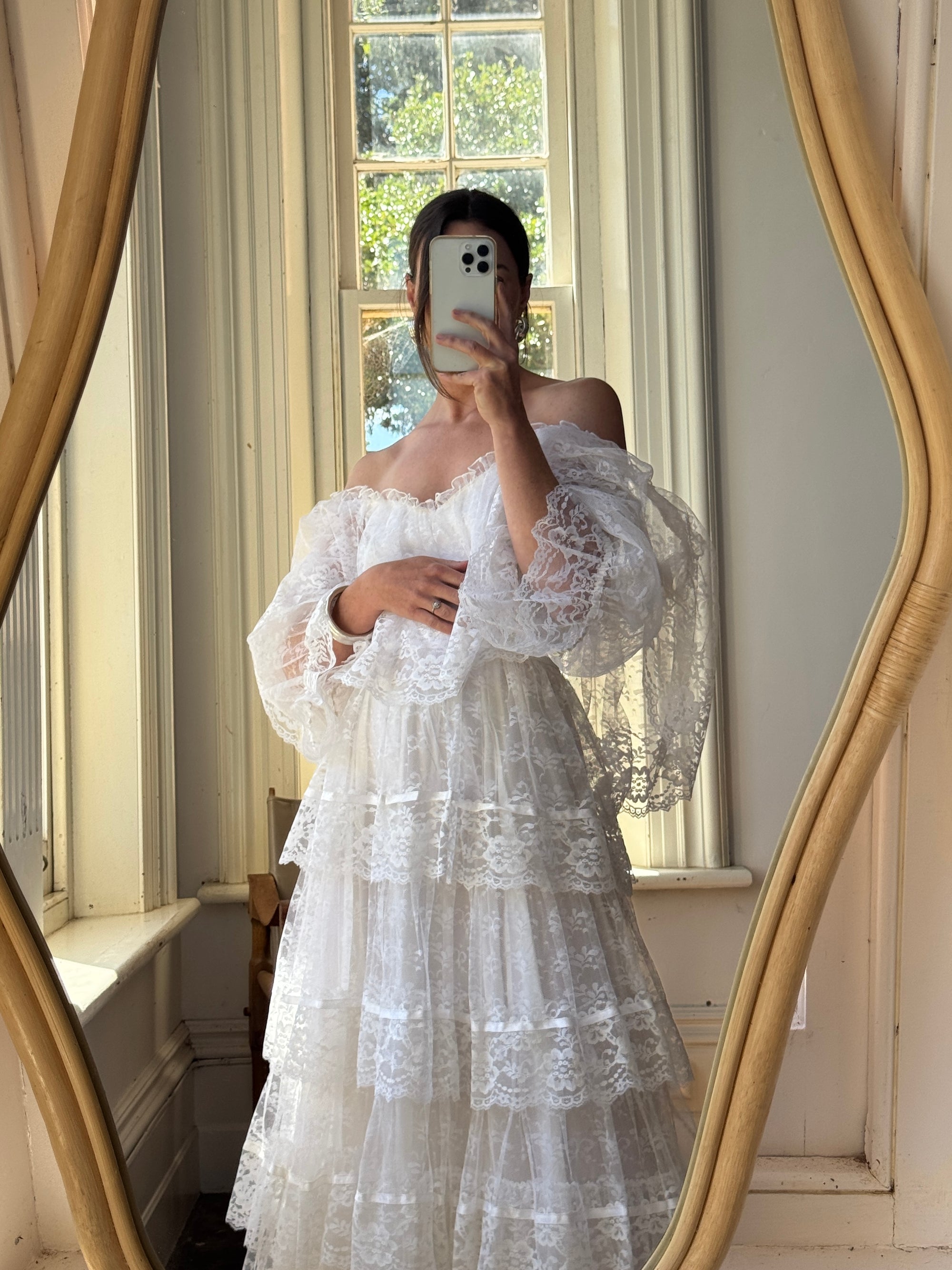 Vintage 70s Tiered Lace Ruffle Wedding Gown