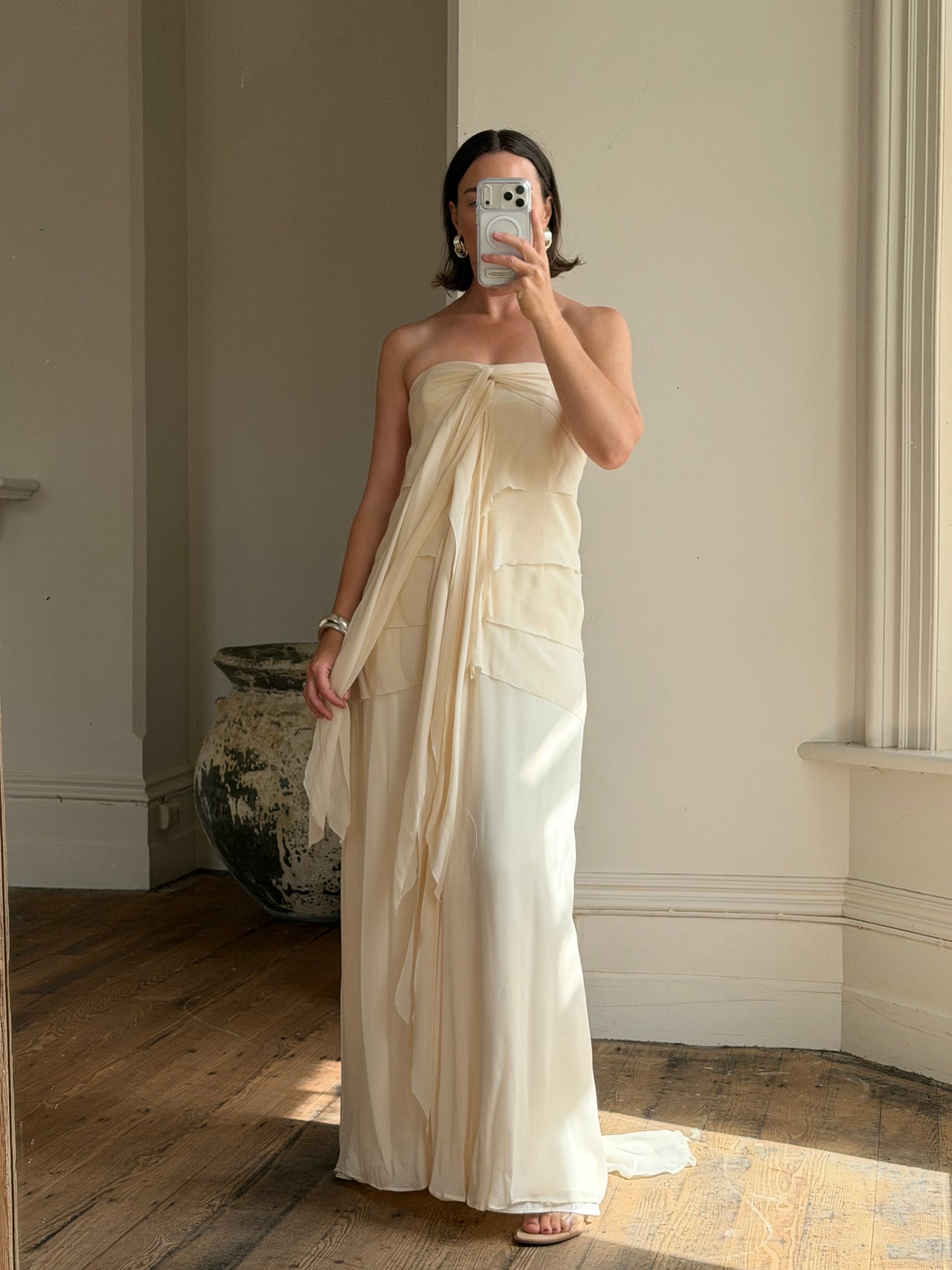 Vintage 90s Pure Silk Waterfall Strapless Bridal Gown