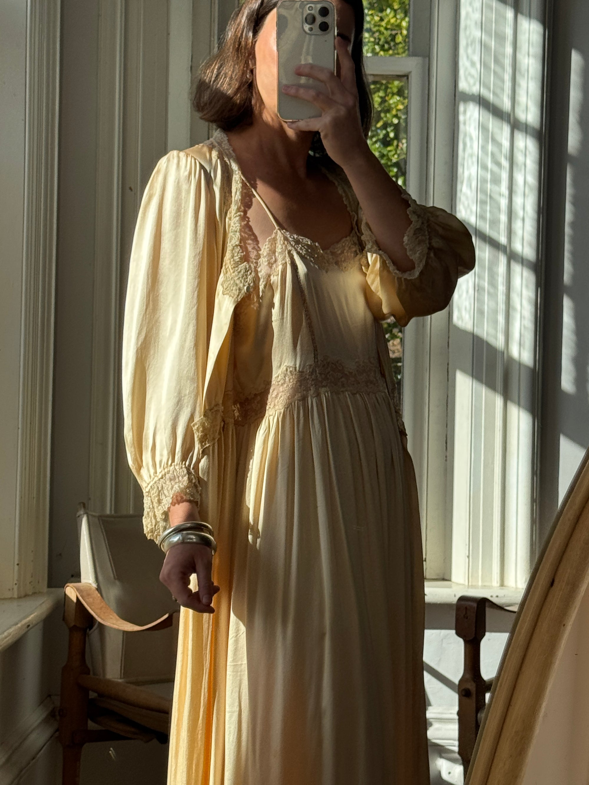 Vintage 70s Pure Silk Peignoir and Slip Butterscotch