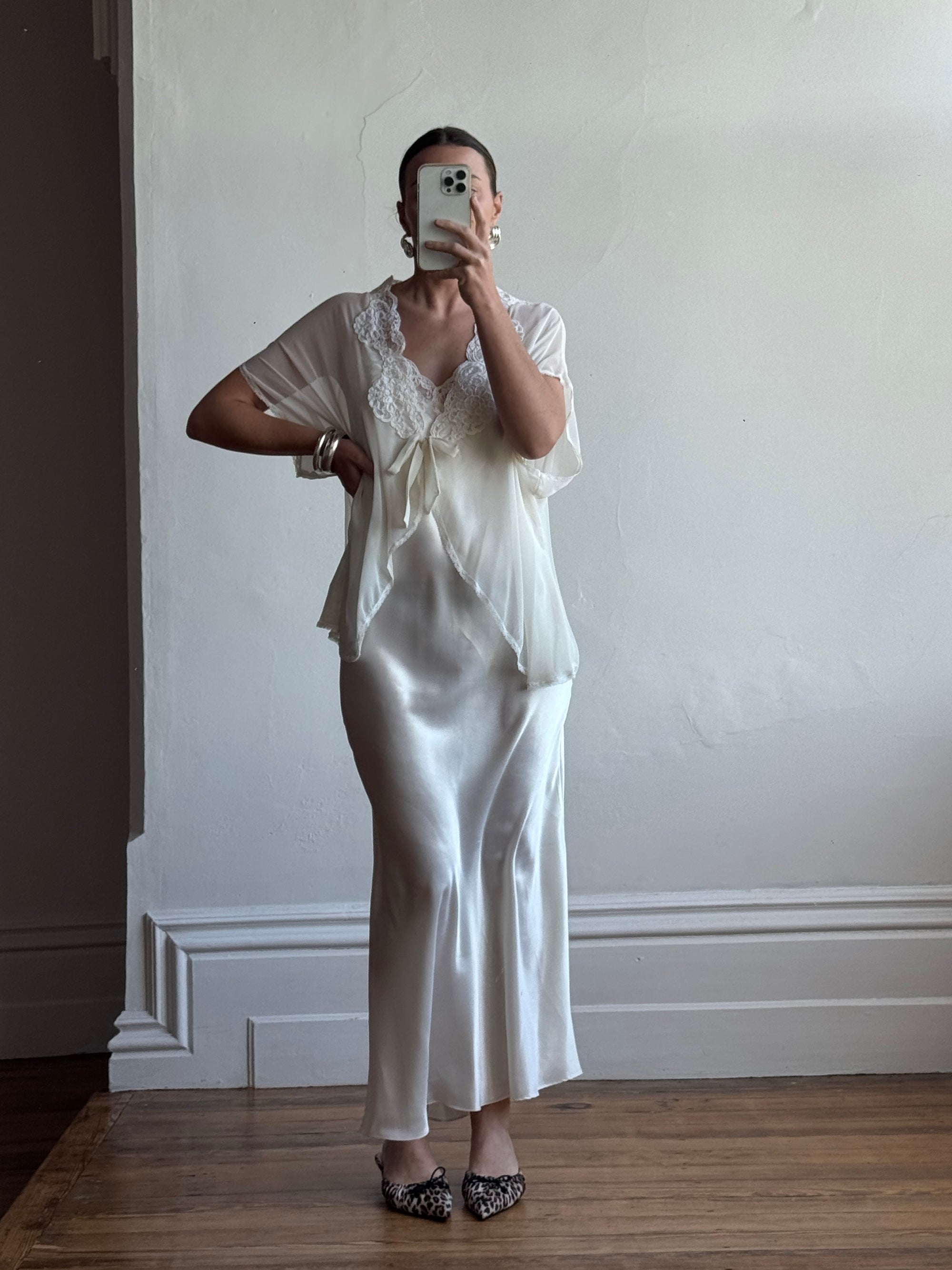 Vintage 90s Satin and Lace Slip and Cape Set Ivory