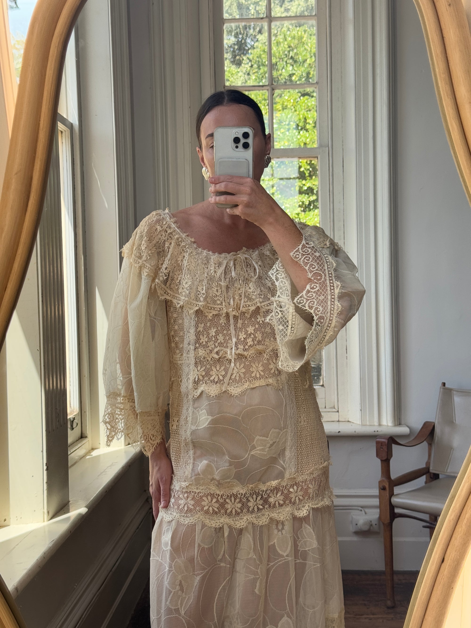 Vintage 70s Patchwork Lace Gown Creme