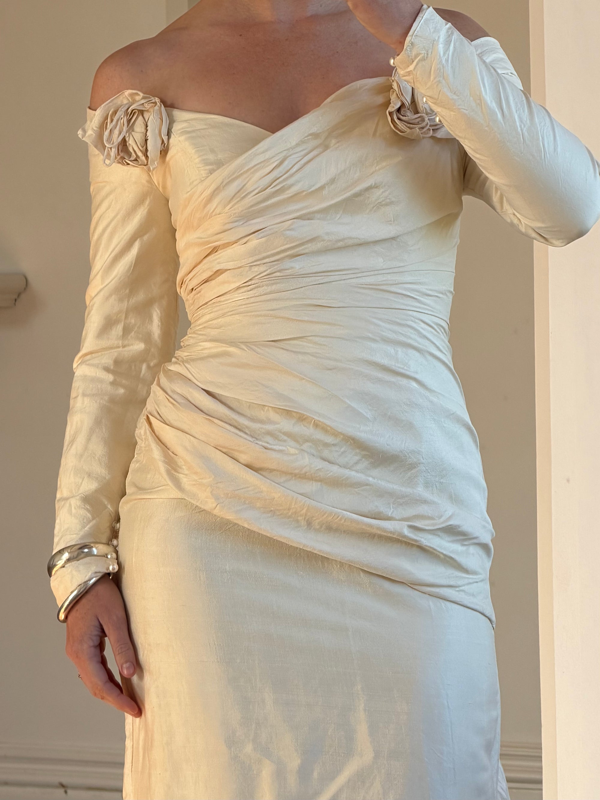 Vintage 90s Silk Rosette Off Shoulder Gown With Bow Train