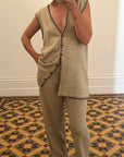 Vintage Beige Knit Vest and Pant Set with Contrast Stitch