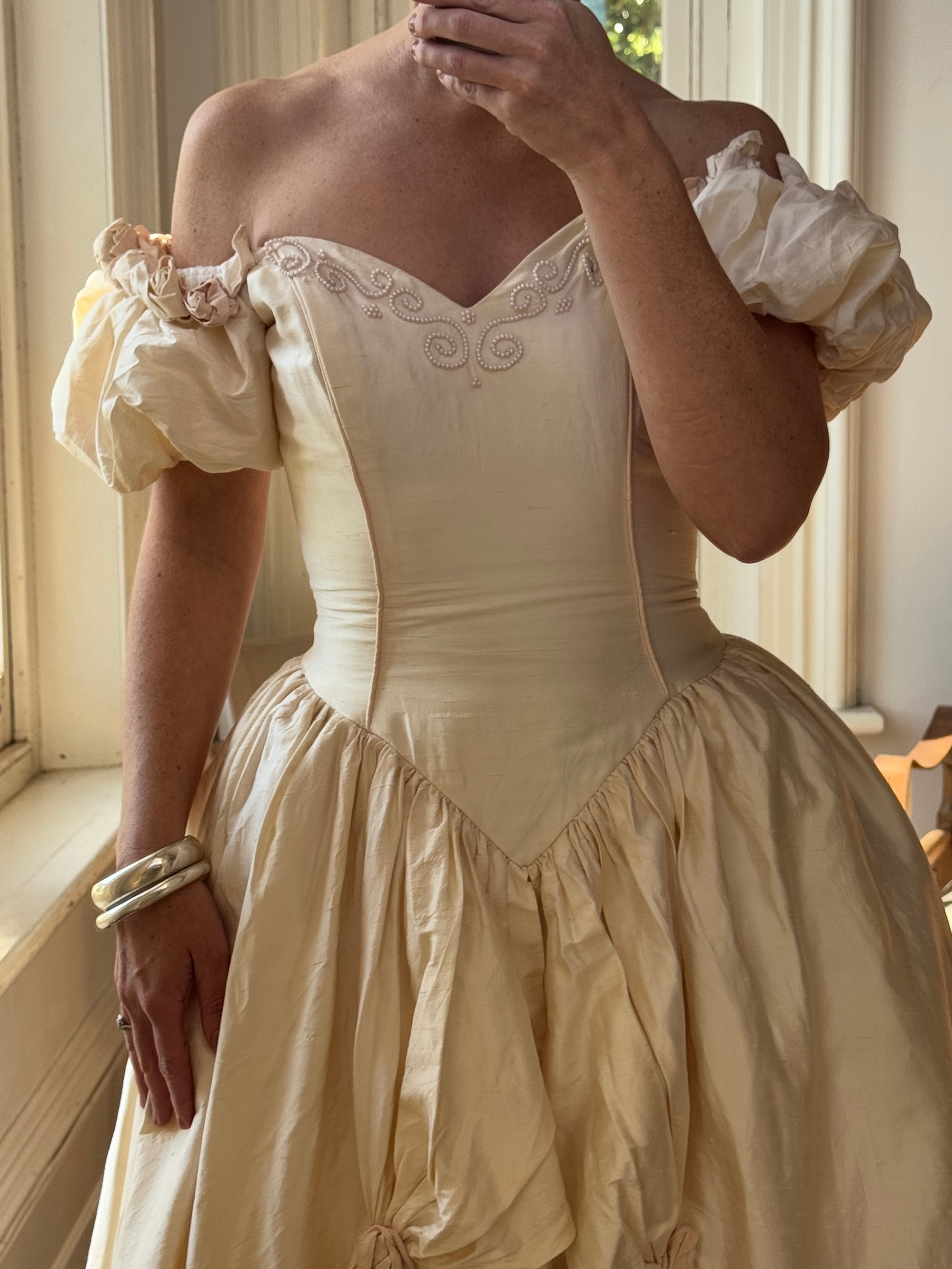 Vintage 90s Pure Silk Renaissance Basque Waist Wedding Gown