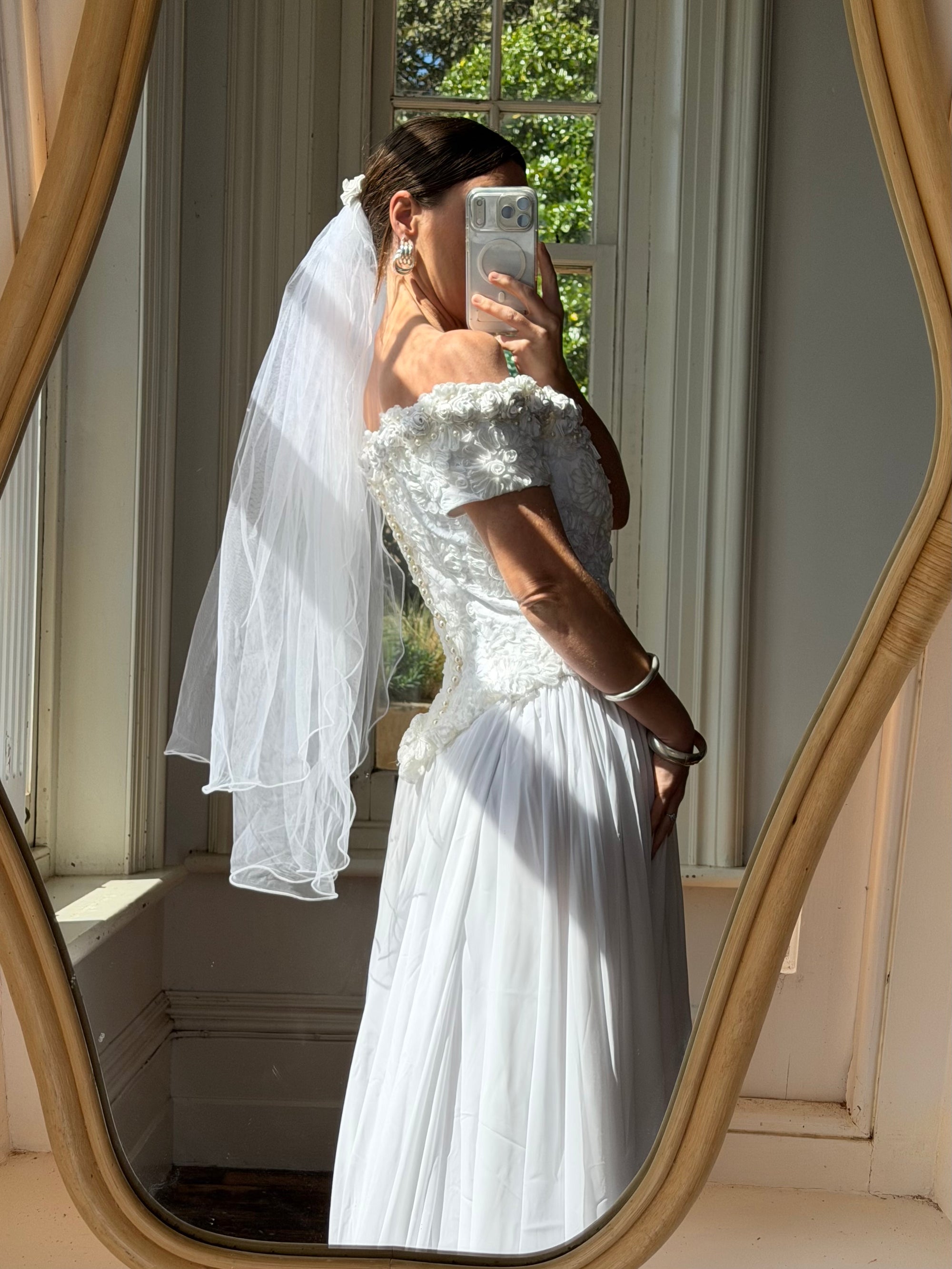 Vintage 80s 3D Floral Off Shoulder Bridal Gown and Veil