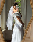 Vintage 80s 3D Floral Off Shoulder Bridal Gown and Veil