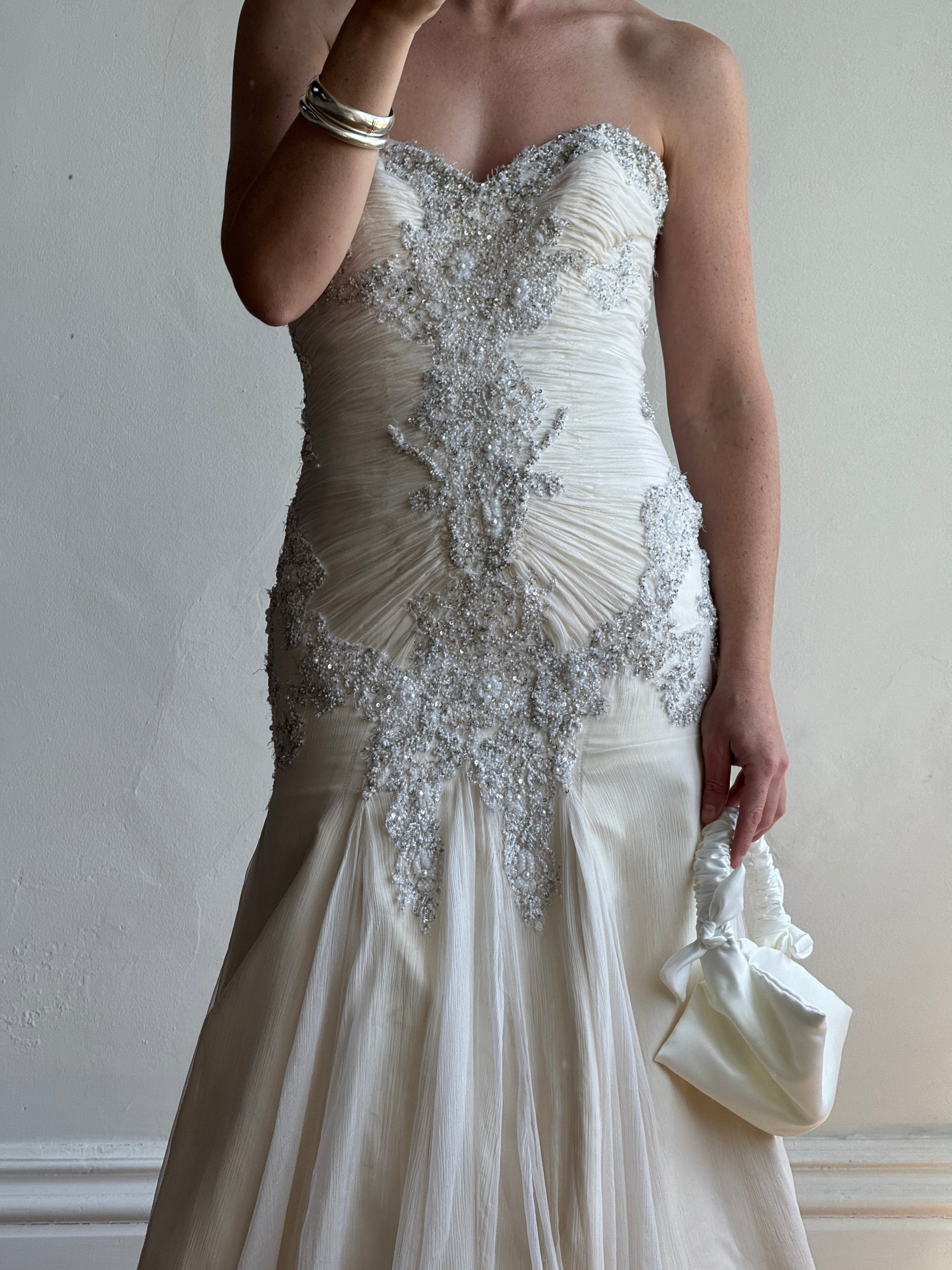 Vintage 90s Pure Silk Couture Drop Waist Wedding Gown