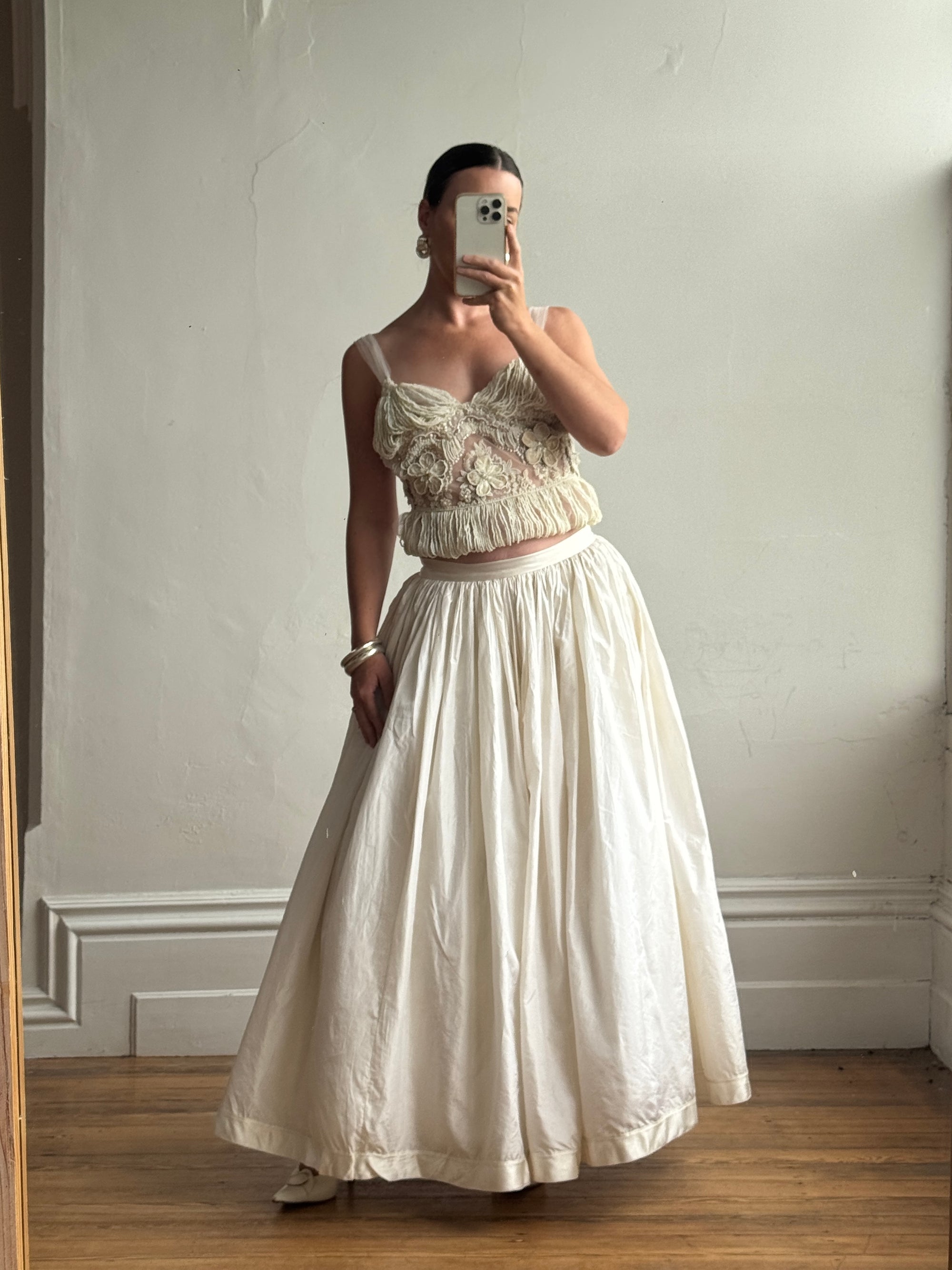Vintage 90s Two Piece Tulle Beaded Top and Princess Silk Satin Skirt