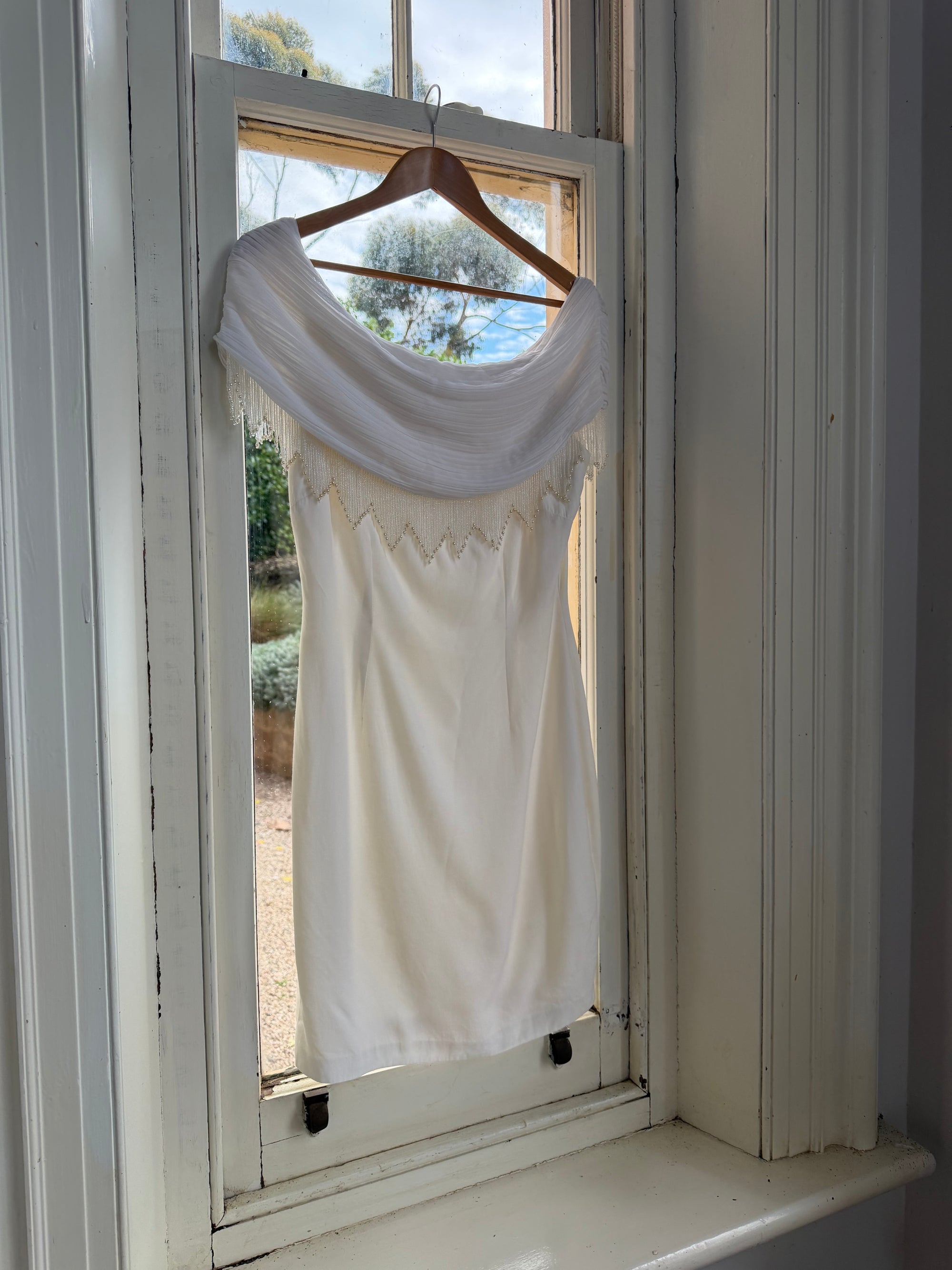 Vintage 90s White Pleated Beaded Fringe Mini Dress