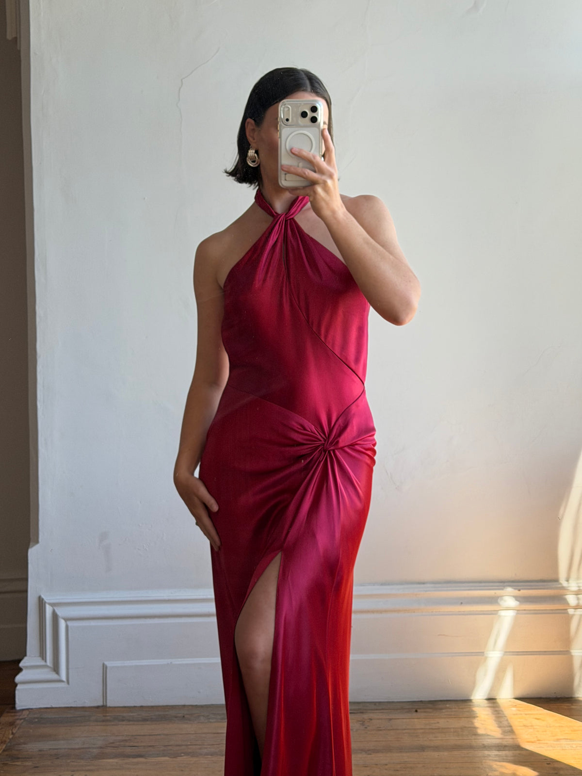 Vintage 90s Crimson Satin Ruched Bias Gown