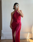 Vintage 90s Crimson Satin Ruched Bias Gown