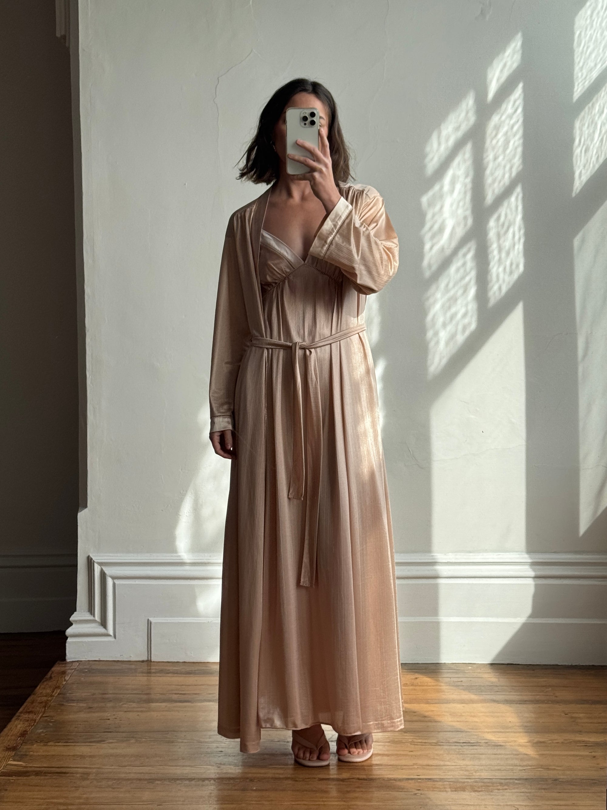 Vintage 80s Champagne Peach Robe and Slip Set