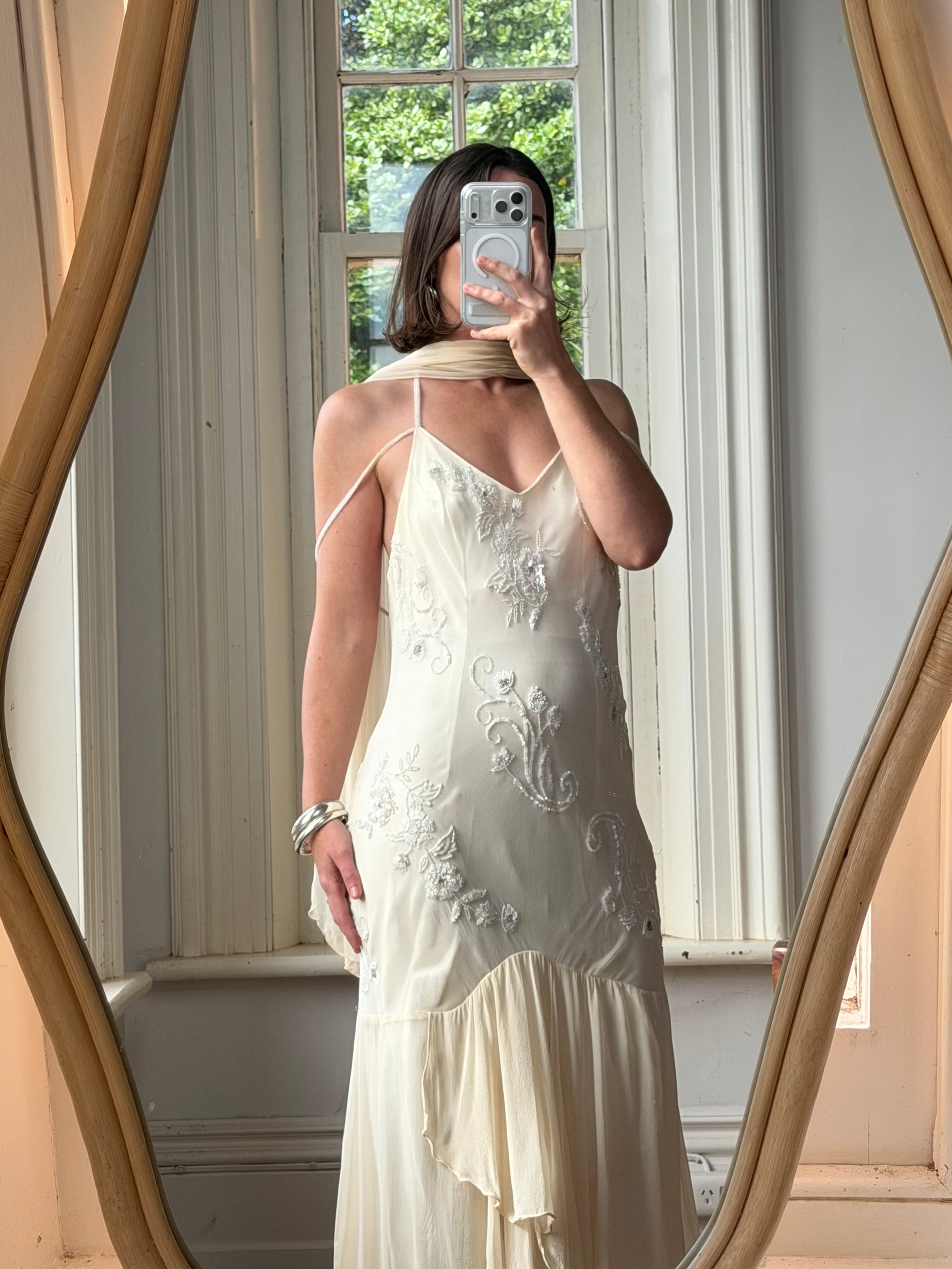 Vintage 90s Pure Silk Embellished Midi Dress With Scarf Creme