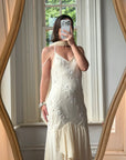 Vintage 90s Pure Silk Embellished Midi Dress With Scarf Creme