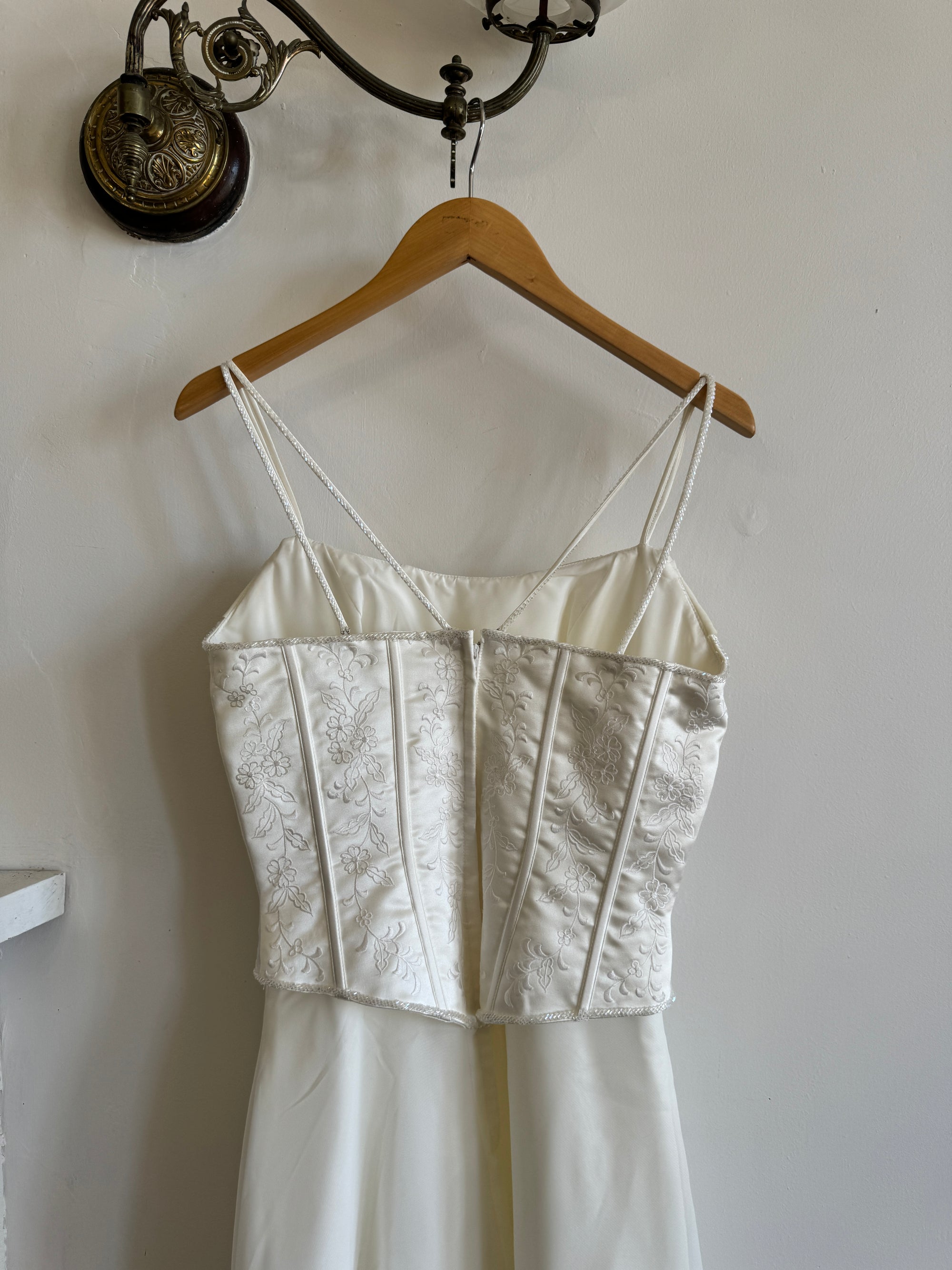 Vintage 90s Cowl Neck Jacquard Bodice Satin Wedding Dress