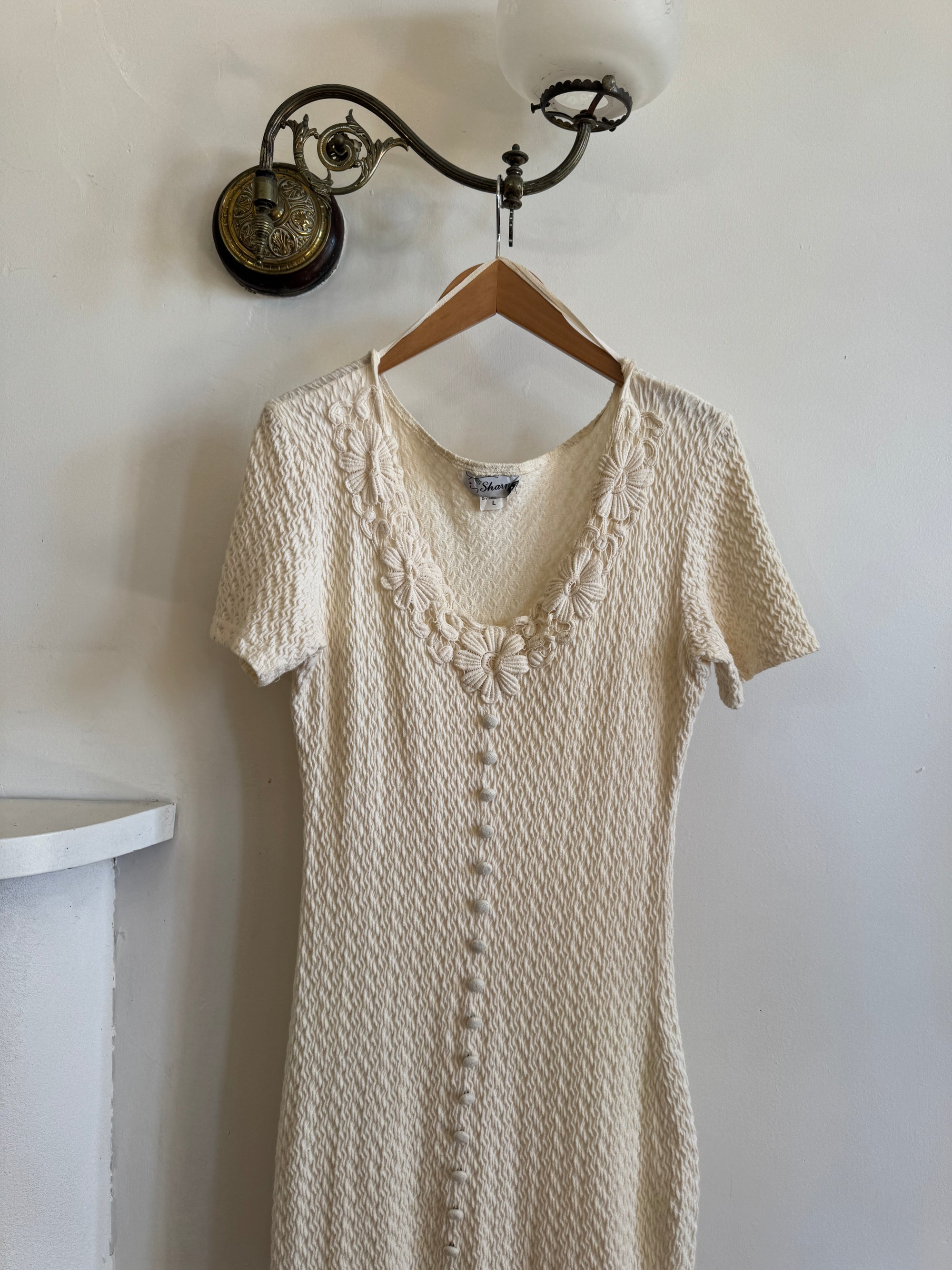Vintage 90s Popcorn Short Sleeve Stretch Midi Ivory