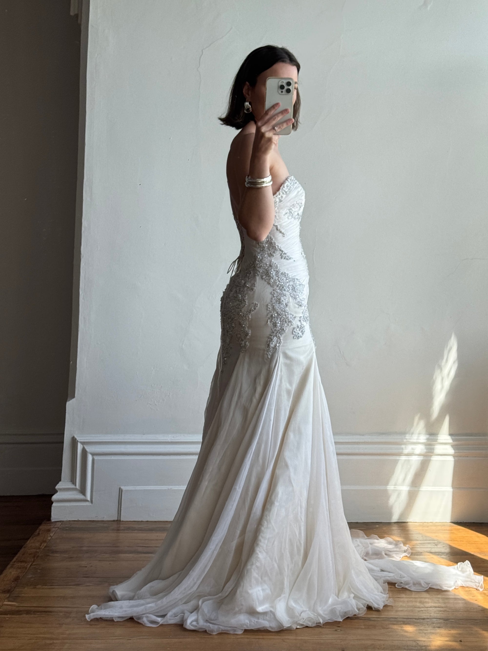 Vintage 90s Pure Silk Couture Drop Waist Wedding Gown