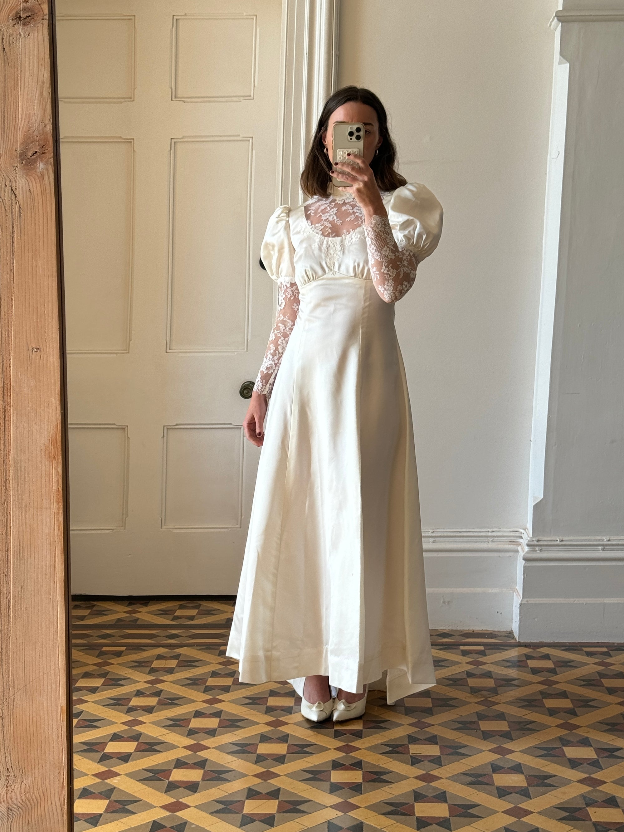 Vintage 80s Satin A-Line Wedding Gown with Puff Sleeves Call Me The Breeze Vintage 80s Satin A-Line Wedding Gown with Puff Sleeves Call Me The Breeze