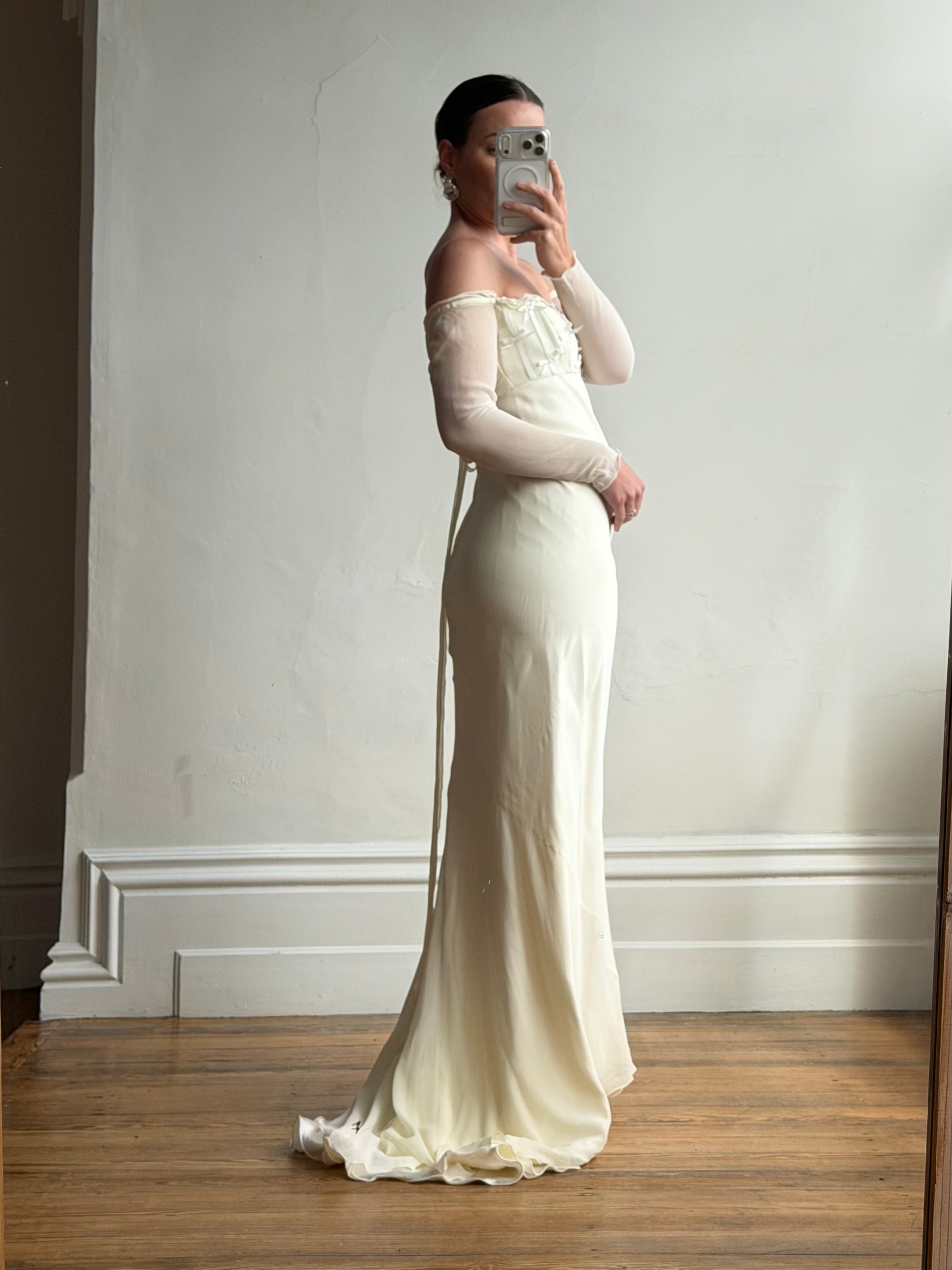Vintage 90s Pure Silk Chiffon Empire Bow Off Shoulder Wedding Dress