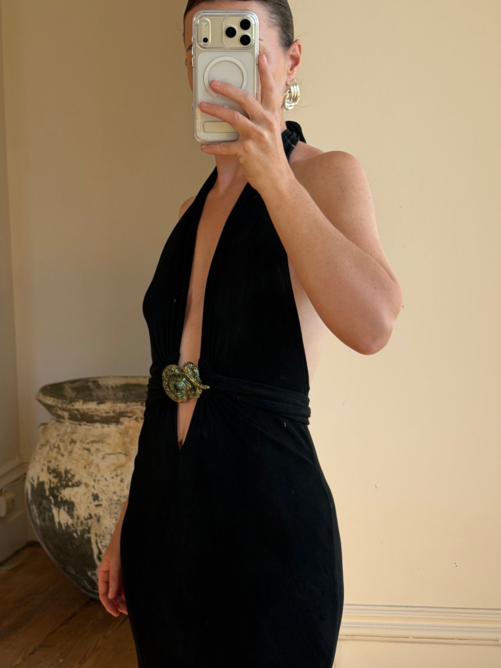 Vintage 90s Low Jersey Evening Dress Rhinestone Snake Noir
