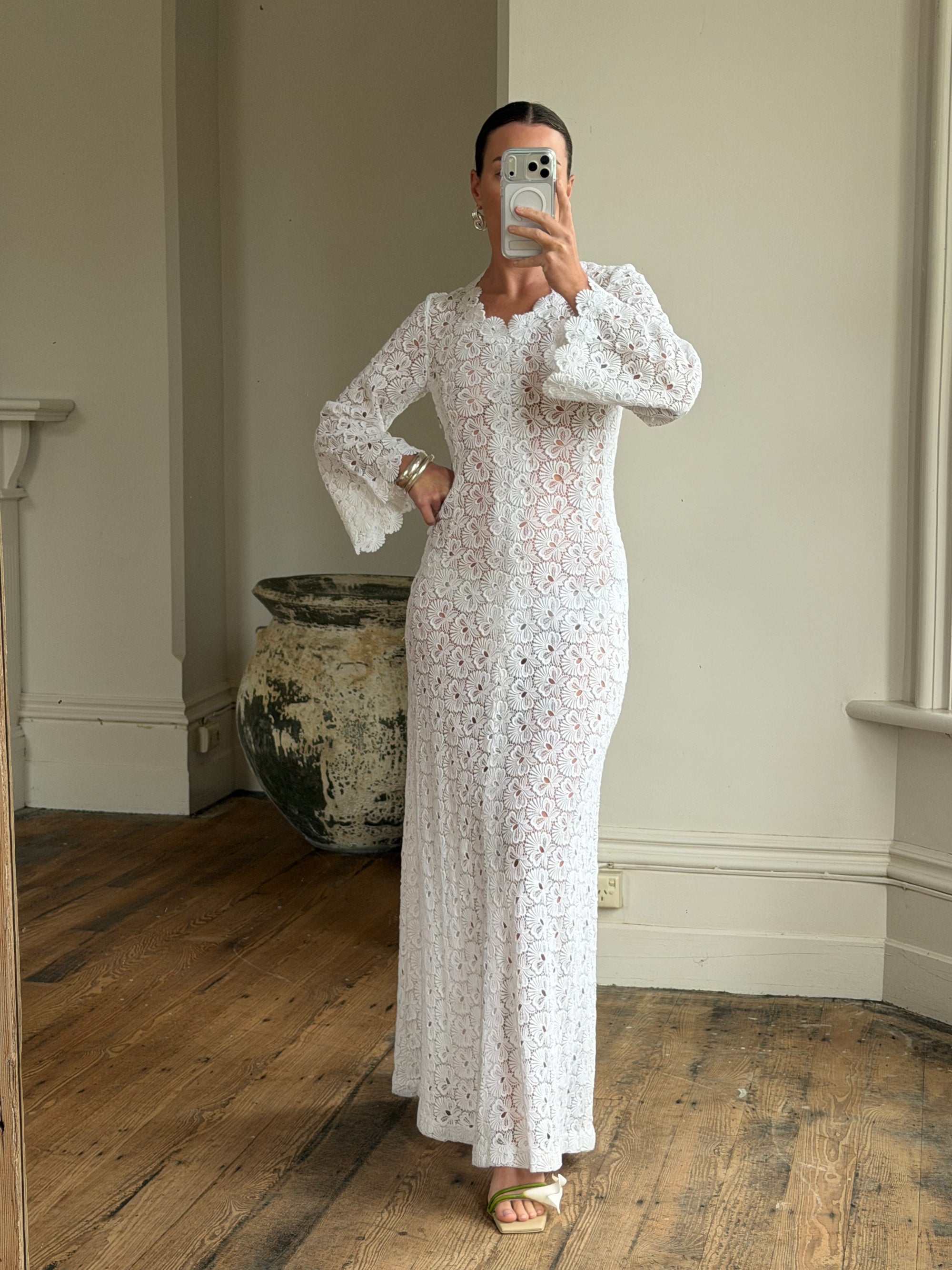Vintage 60s Crochet Lace Long Sleeved Wedding Gown