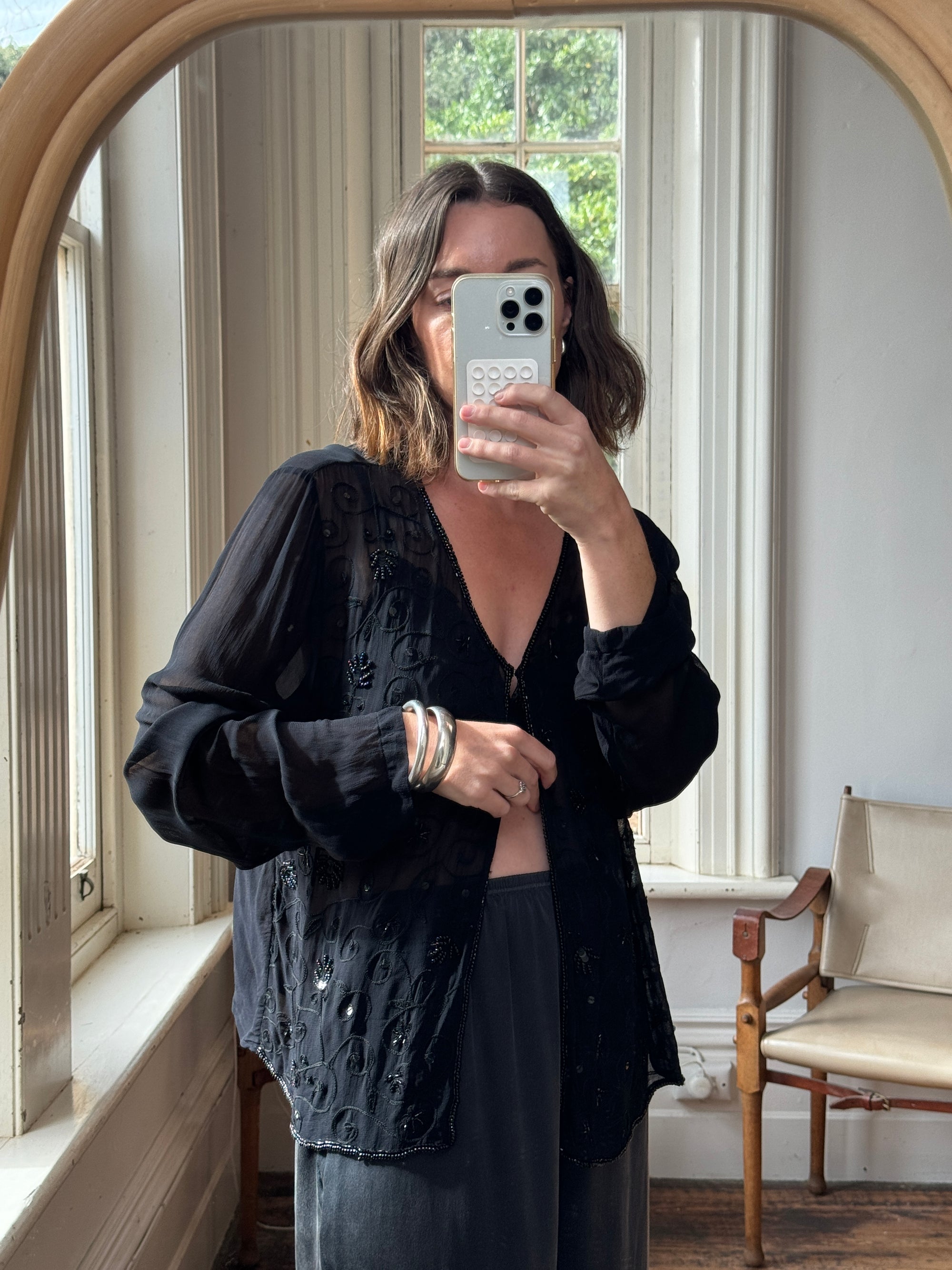 Vintage 90s Sheer Beaded Blouse Black