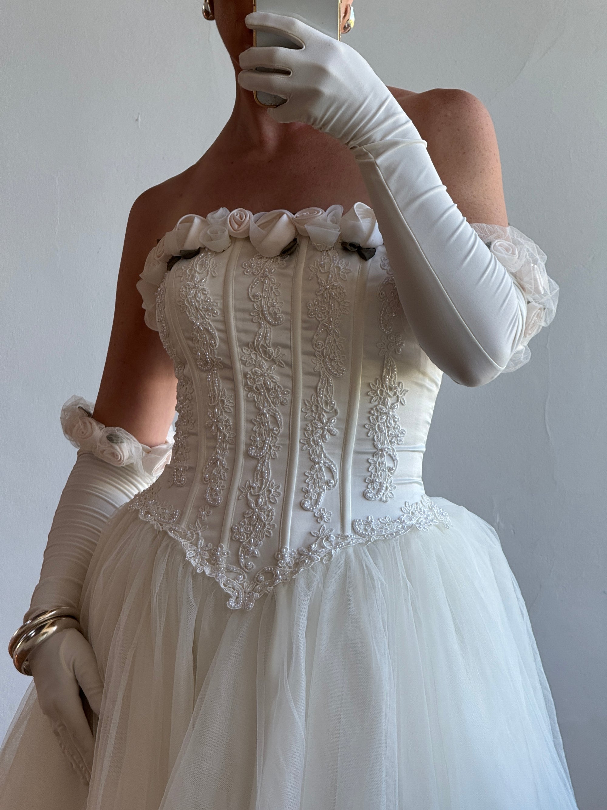 Vintage 90s Rosette Tulle Princess Wedding Gown with Gloves