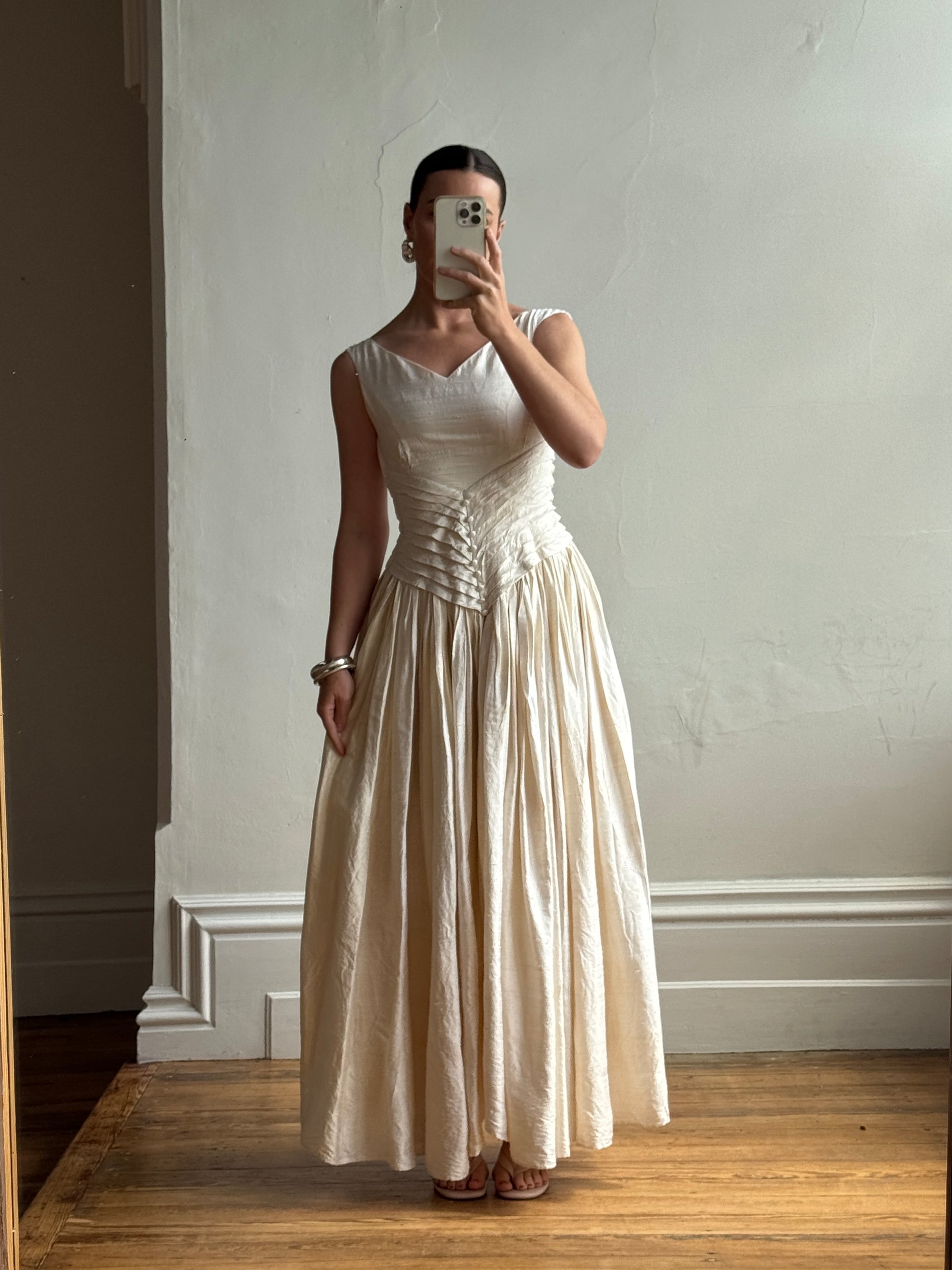 Vintage 90s Pure Silk Pleated Waist Wedding Dress