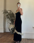 Vintage 40s Velvet Bias Strappy Dress with Lace Trim Noir